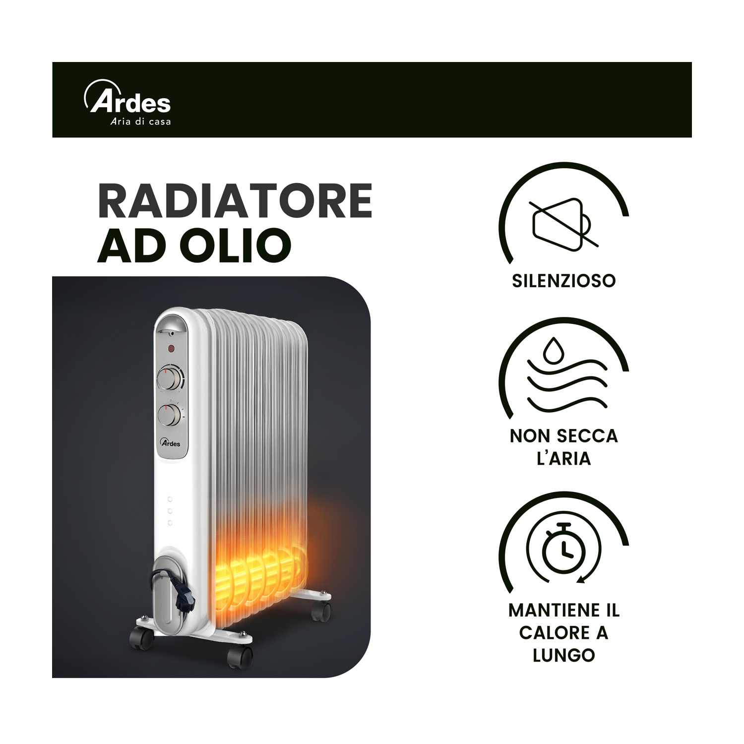 Radiatore ad olio bianco su ruote. Testo italiano: 'Radiatore ad olio', 'Silenzioso', 'Non secca l'aria', 'Calore duraturo'.