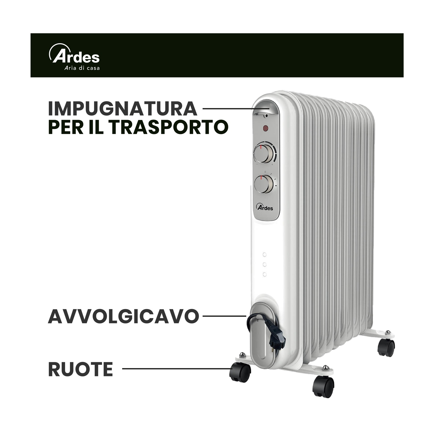 Radiatore a olio bianco con manopole e ruote. Le parti etichettate includono maniglia, avvolgicavo e ruote.