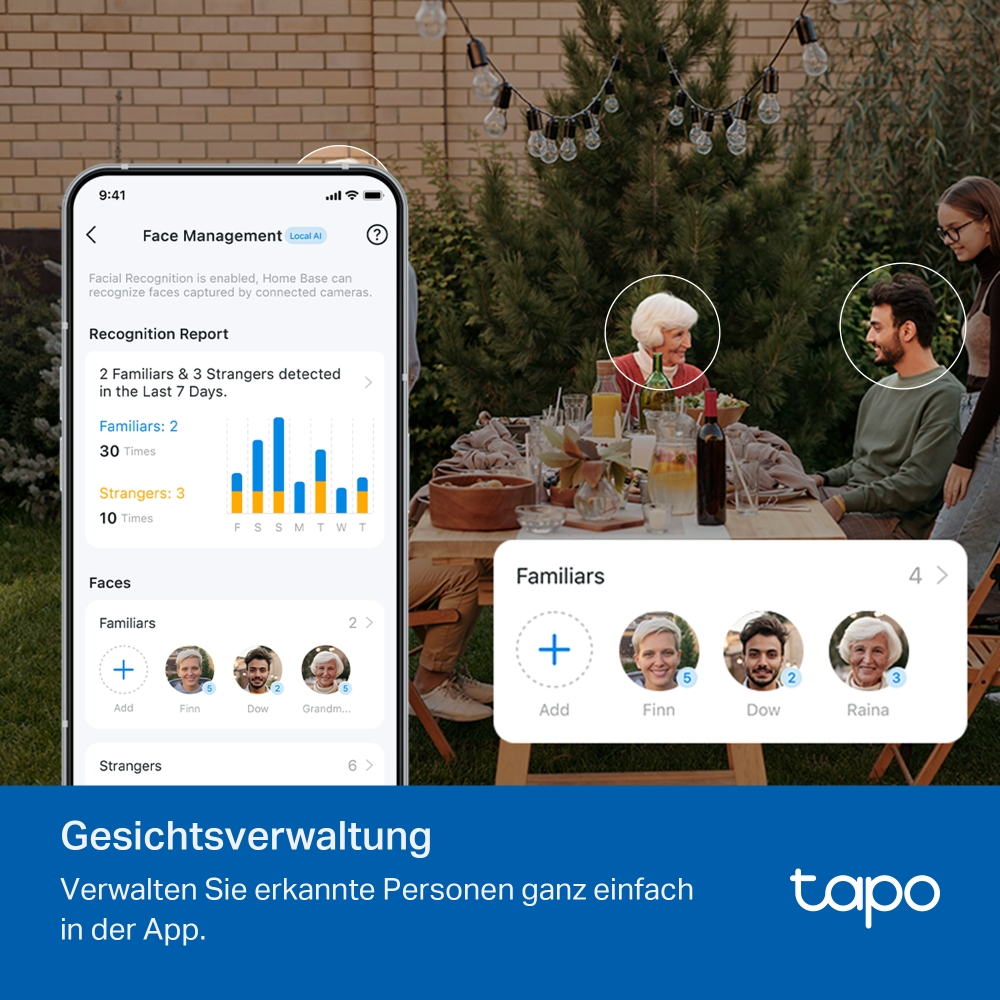 App-Oberfläche mit Gesichtserkennungsdetails. Zwei Personen sind in einem Foto eingekreist, mit Tisch und Personen im Hintergrund.