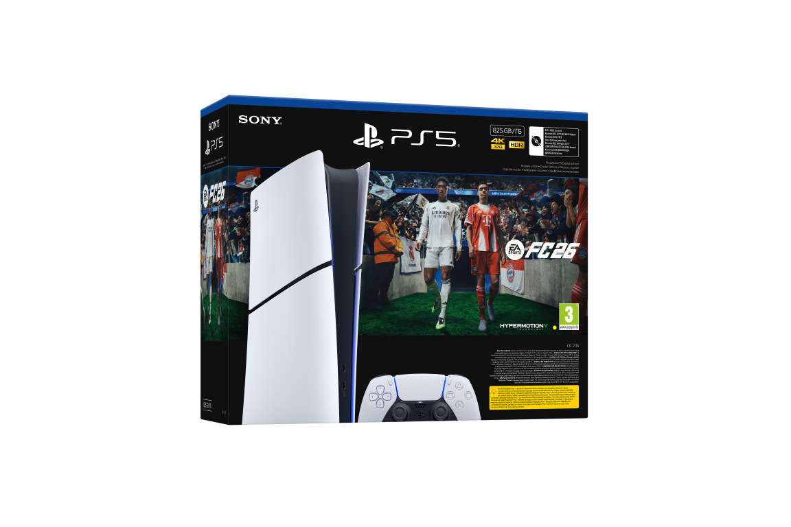 Konsola PlayStation 5 z pudełkiem z grą z piłkarzami. Pudełko ma biało-czarny design z kontrolerem.