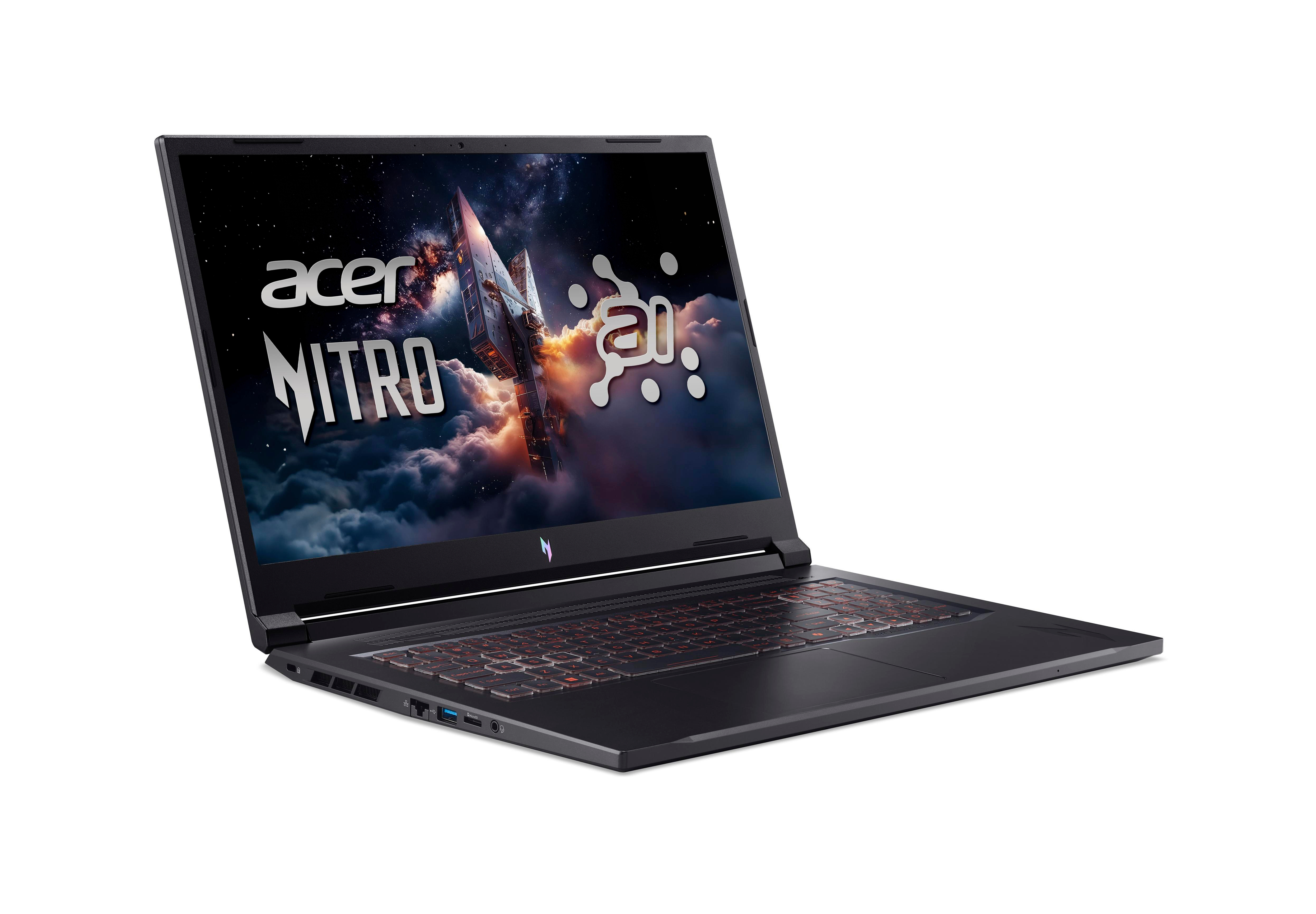 Schwarzer Acer Nitro Laptop, abgewinkelt, auf Weiß. Bildschirm zeigt Rakete über bewölktem Himmel. Tastatur rot beleuchtet.