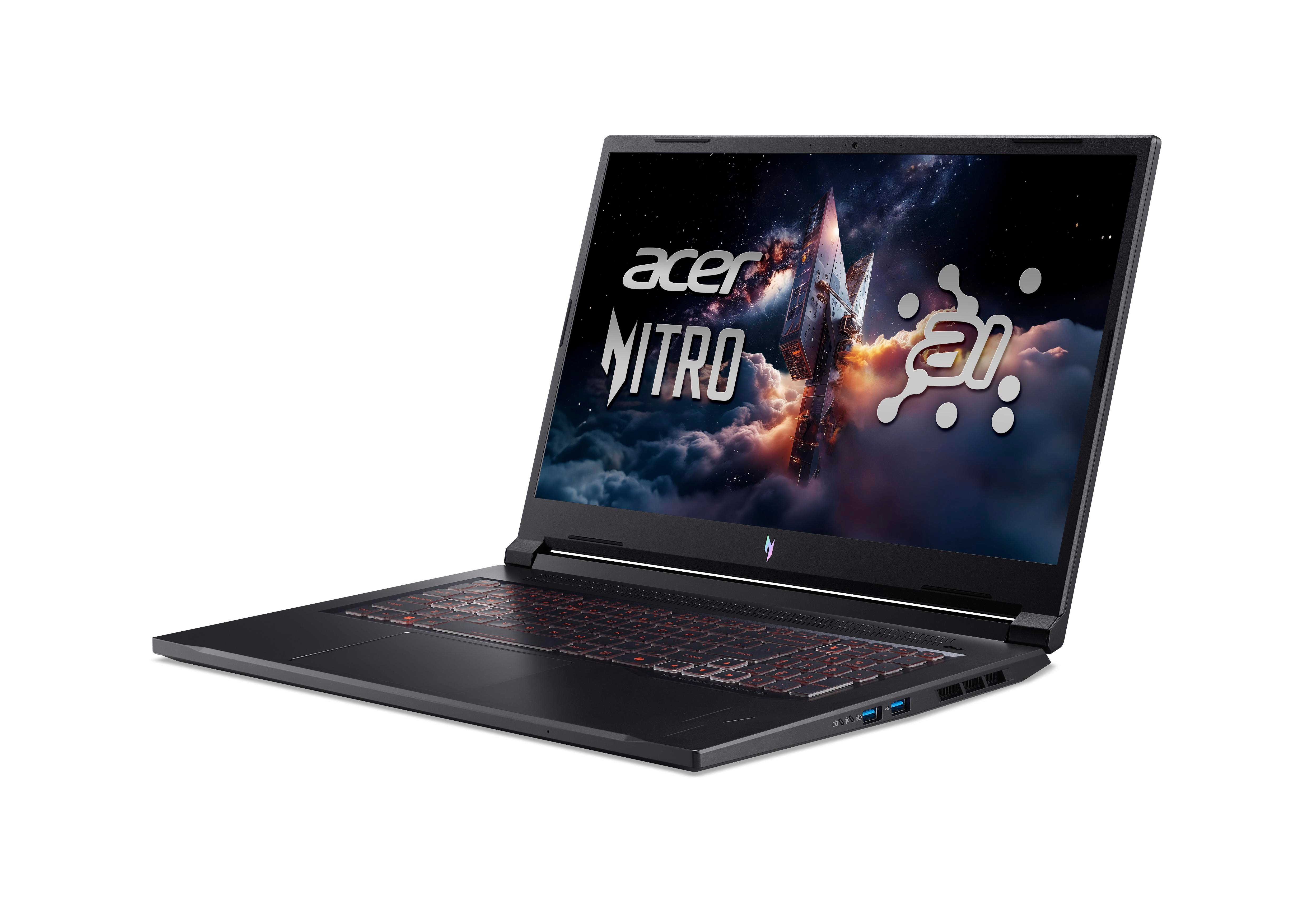 Schwarzer Acer Nitro Laptop. Der Bildschirm zeigt eine Weltraum-Szene. Die Tastatur hat rote Hintergrundbeleuchtung. Auf weißem Grund.