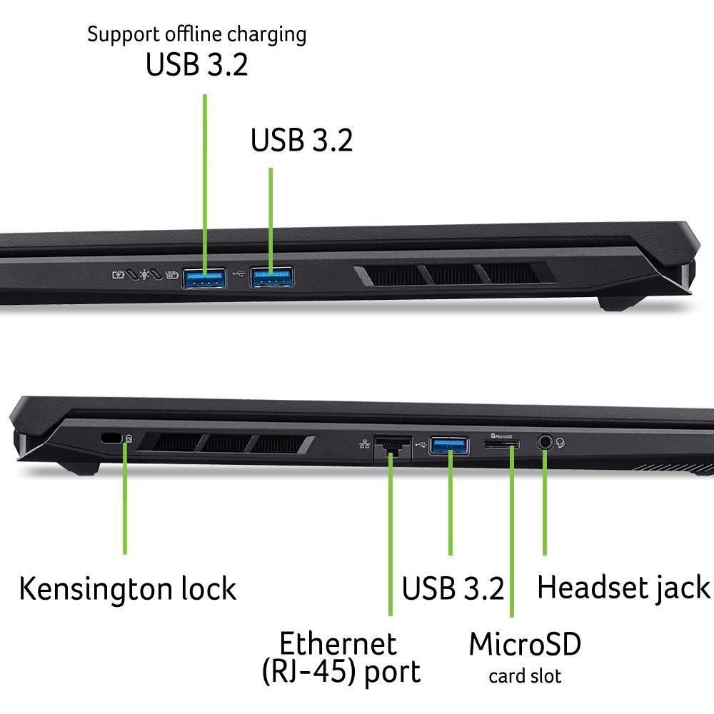 Seitenansicht eines Laptops mit Anschlüssen: USB 3.2, Kensington Lock, Ethernet, MicroSD-Kartensteckplatz, Kopfhöreranschluss.