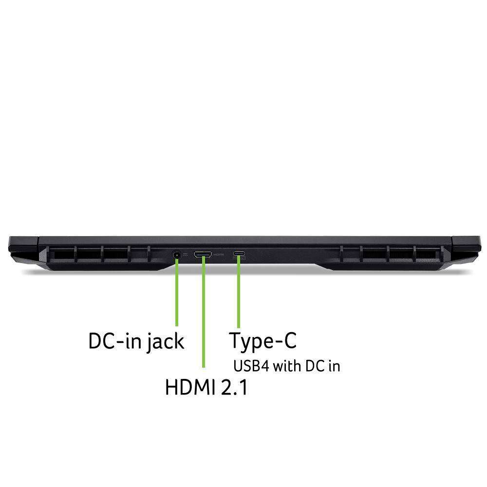 Schwarzer Laptop-Rand mit beschrifteten Anschlüssen: DC-in-Buchse, HDMI 2.1 und USB4 Typ-C mit DC-in. Text ist weiß.