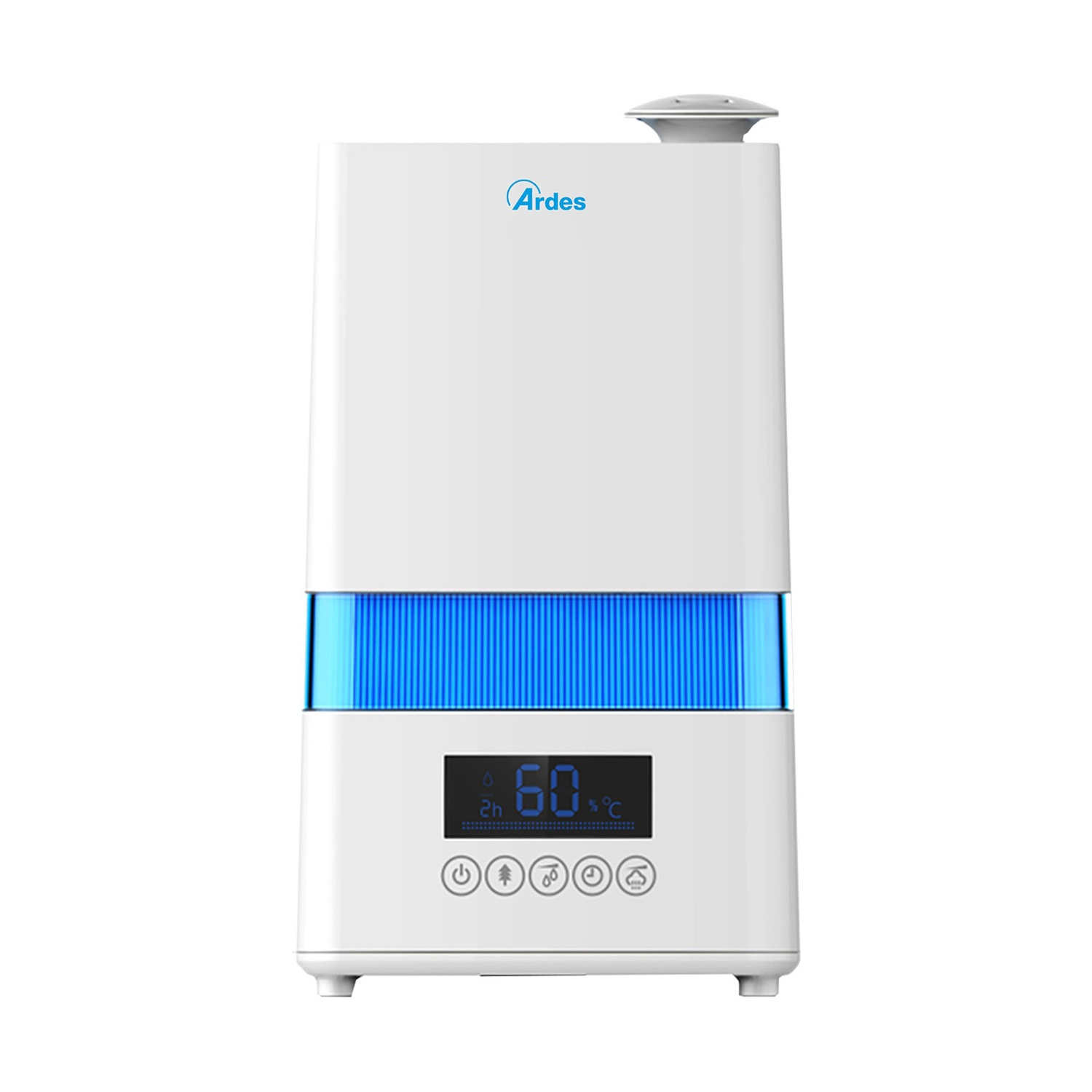 Umidificatore bianco con luce blu e display digitale. Mostra il 60% e ha pulsanti di controllo. Il marchio è Ardes.