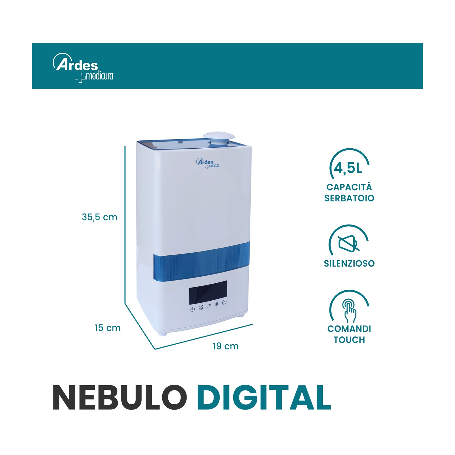 Un umidificatore Nebulo Digital bianco e blu con comandi touch e una capacità di 4,5L, dimensioni 15x19x35,5 cm. È silenzioso.