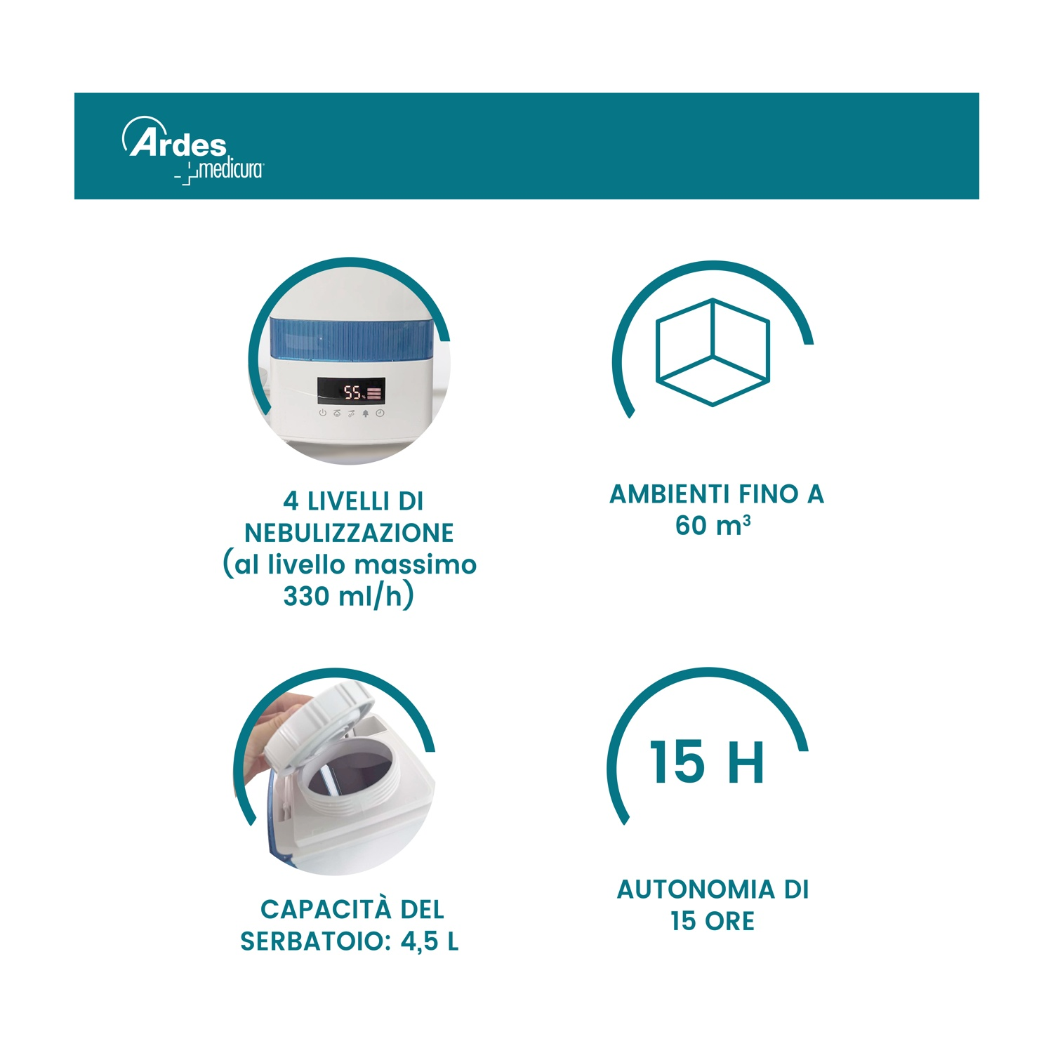 L'immagine mostra un prodotto Ardes medicura. Caratteristiche principali: 4 livelli di nebulizzazione, portata di 60 m³, capacità di 4,5 L e 15 ore di autonomia.