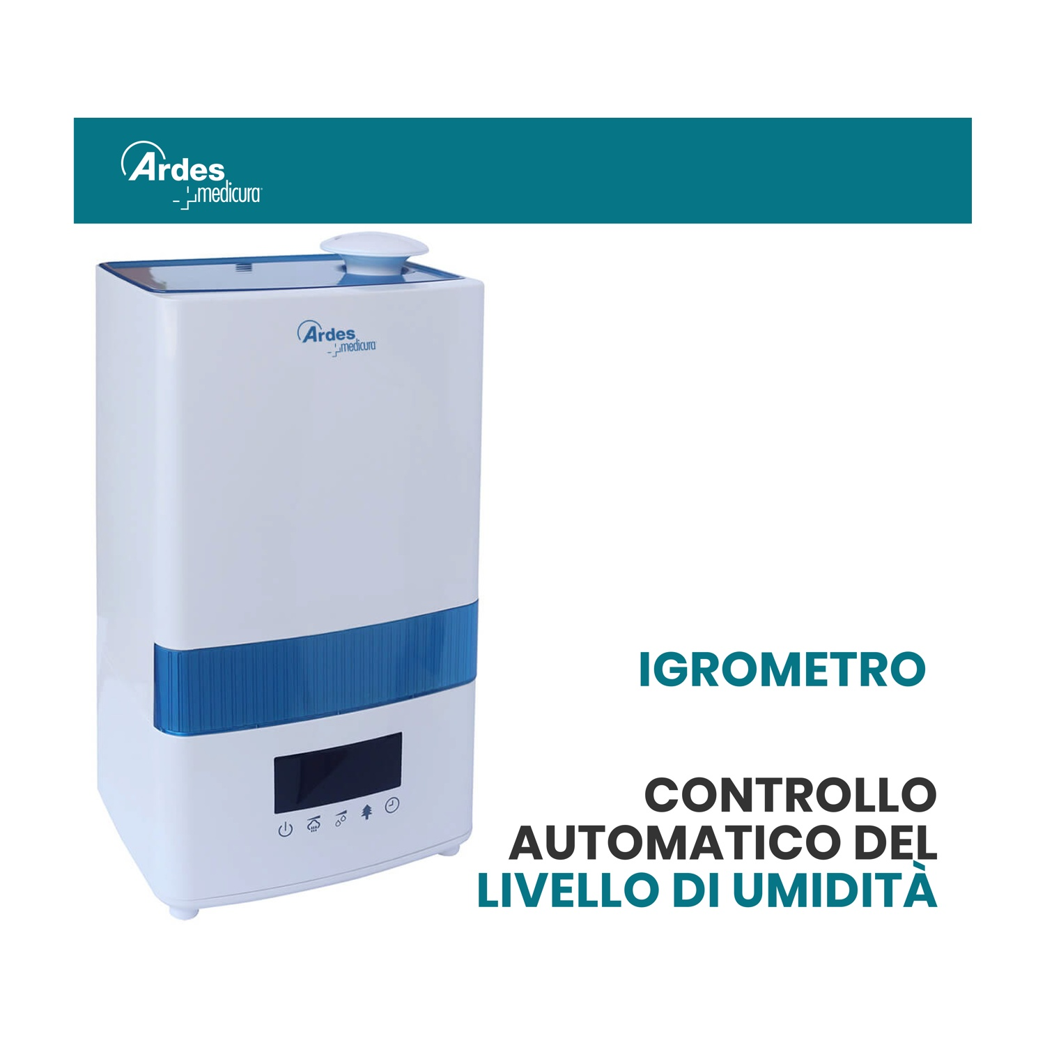 Umidificatore bianco e blu con display e pulsanti di controllo. Testo: Igrometro, controllo automatico dell'umidità.