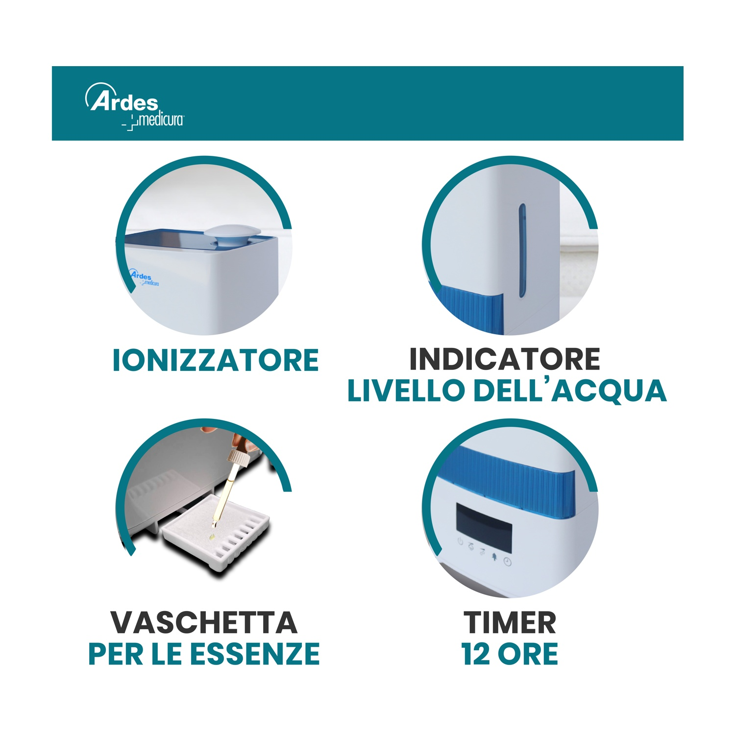 Immagine mostra un ionizzatore con indicatore livello acqua, vassoio oli essenziali e timer 12 ore, con etichette.