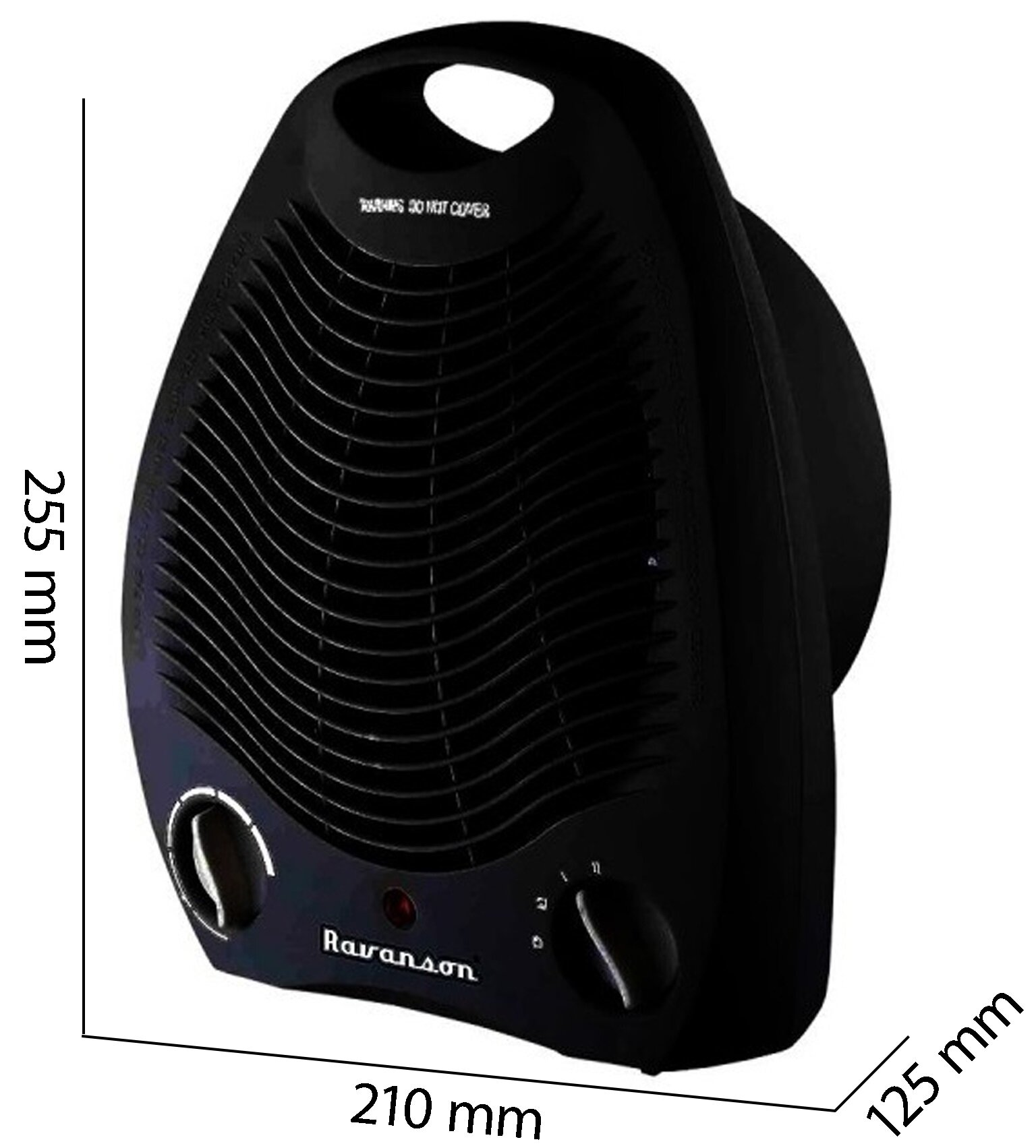 Czarny grzejnik elektryczny z uchwytem, pokrętłami i etykietą ostrzegawczą. Wymiary: 255 mm x 210 mm x 125 mm.