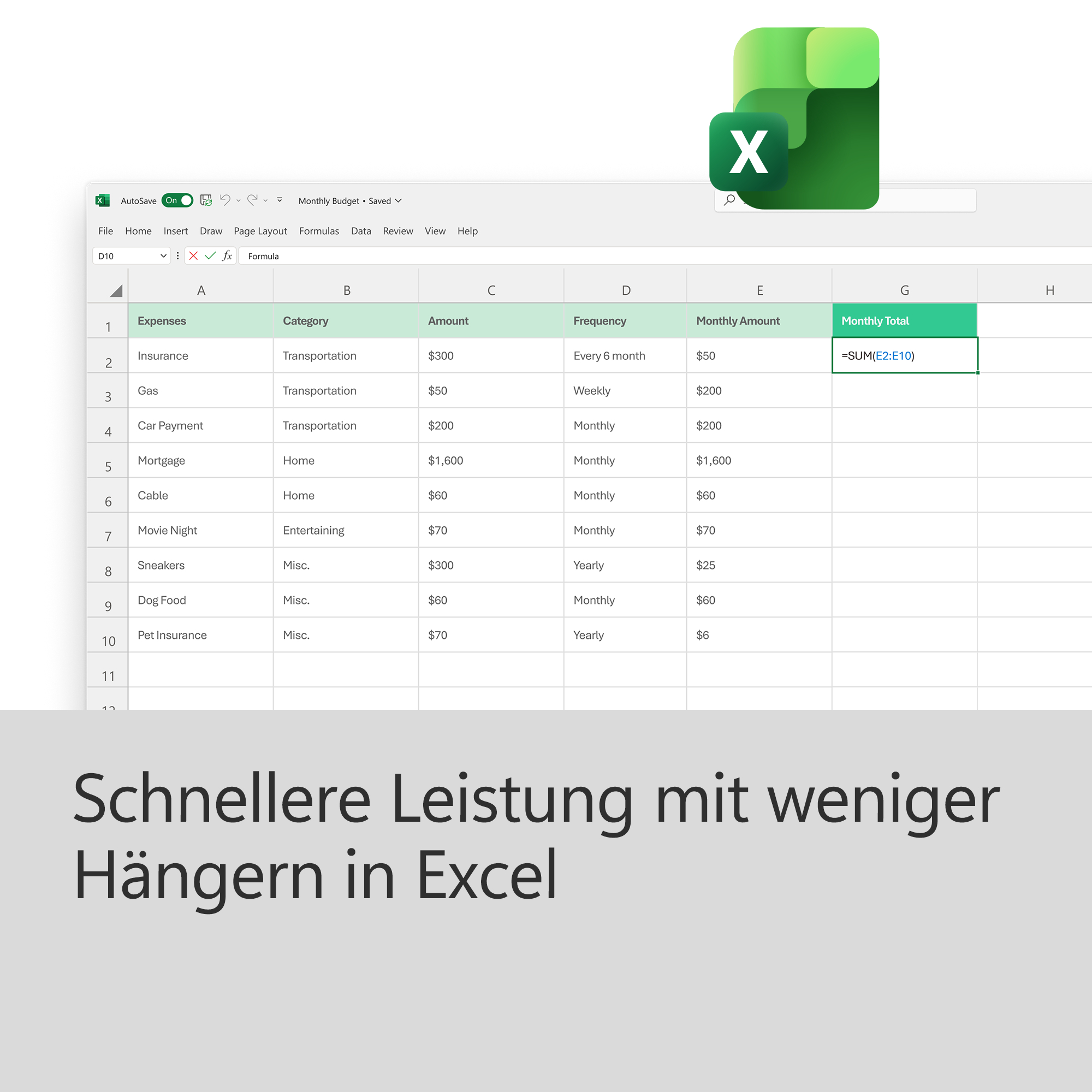 Eine Excel-Tabelle mit Ausgabendaten. Das Excel-Logo befindet sich oben rechts.