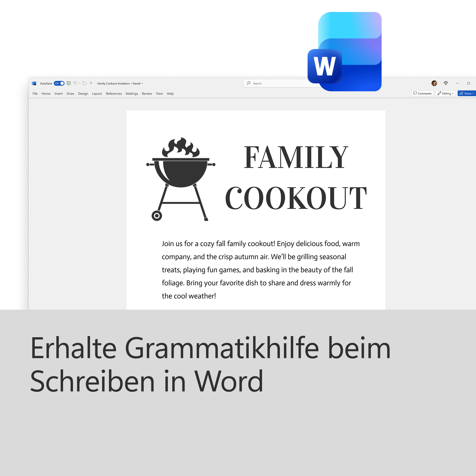 Word-Dokument mit Einladung zum Familien-Cookout. Enthält Grill-Icon und Text mit Einladung.