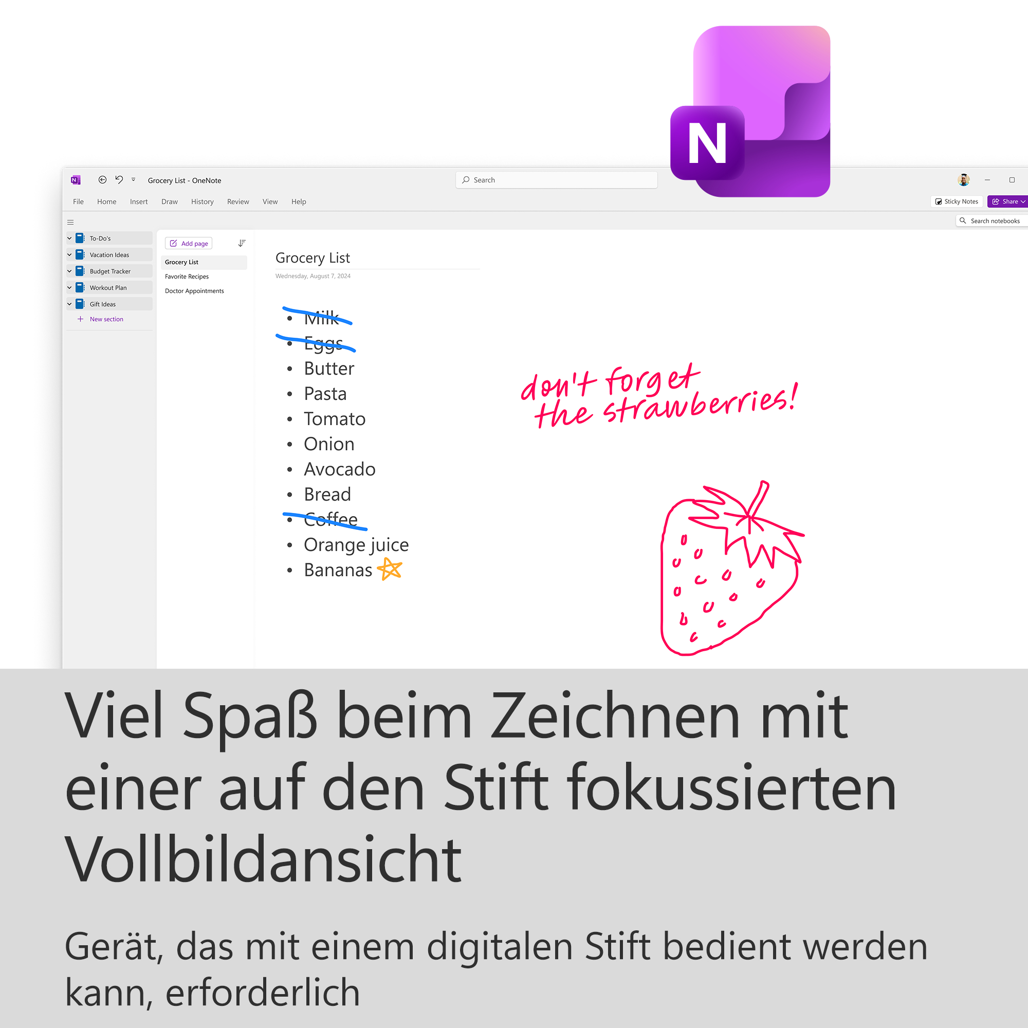 Eine Einkaufsliste mit Artikeln wie Milch, Eiern und Kaffee, eine Erdbeerillustration und ein OneNote-Logo.