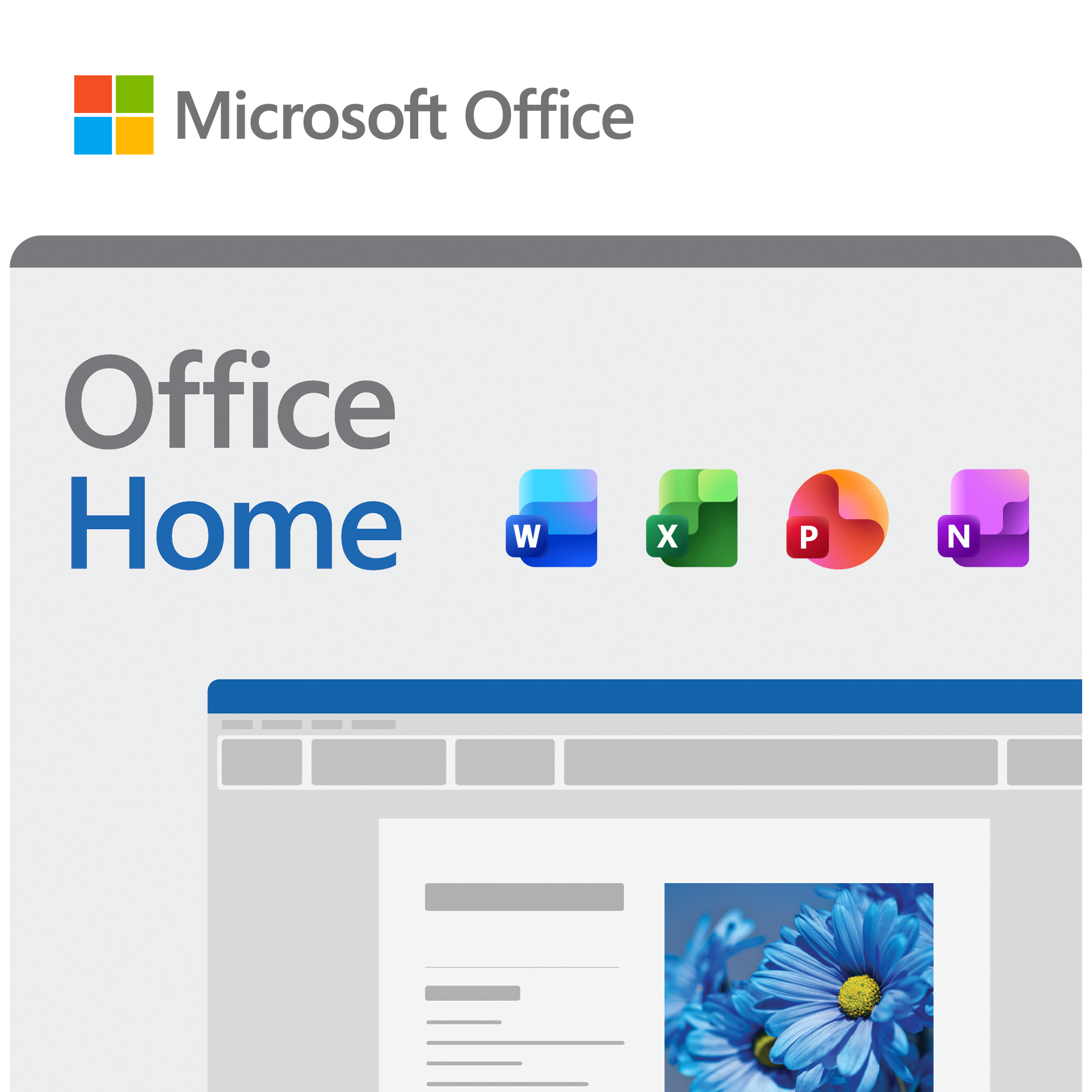 Microsoft Office Logo mit "Office Home"-Text und App-Symbolen. Eine Webseite mit Blumenbild ist sichtbar.
