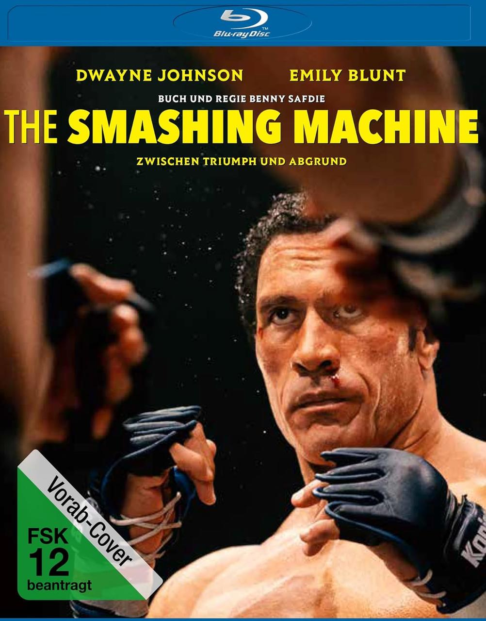 Filmplakat: Dwayne Johnson in 'The Smashing Machine'. Titel in Gelb. Blu-ray Disc Logo oben.