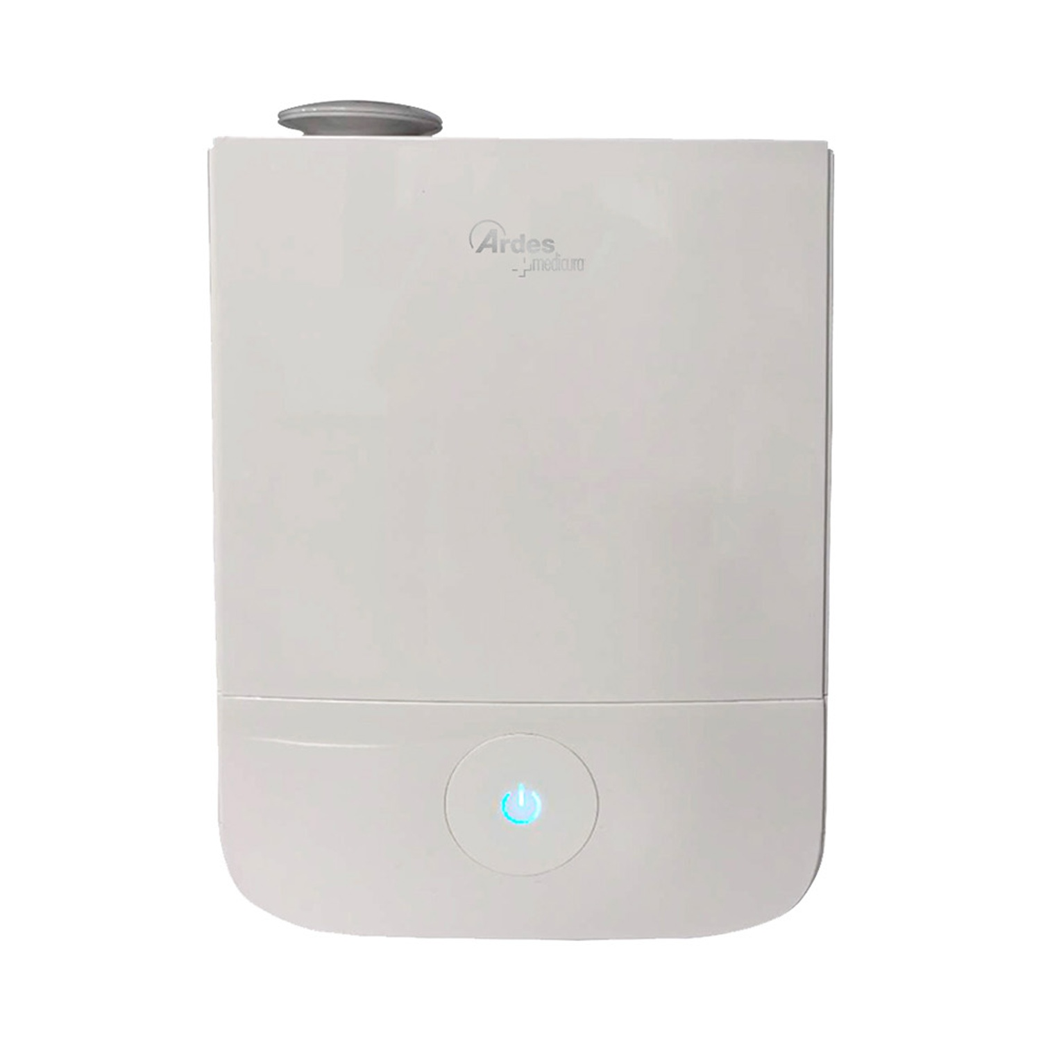 Un umidificatore bianco con parte superiore grigia e pulsante di accensione. Il marchio 'Ardes' è visibile. Il pulsante di accensione è blu.
