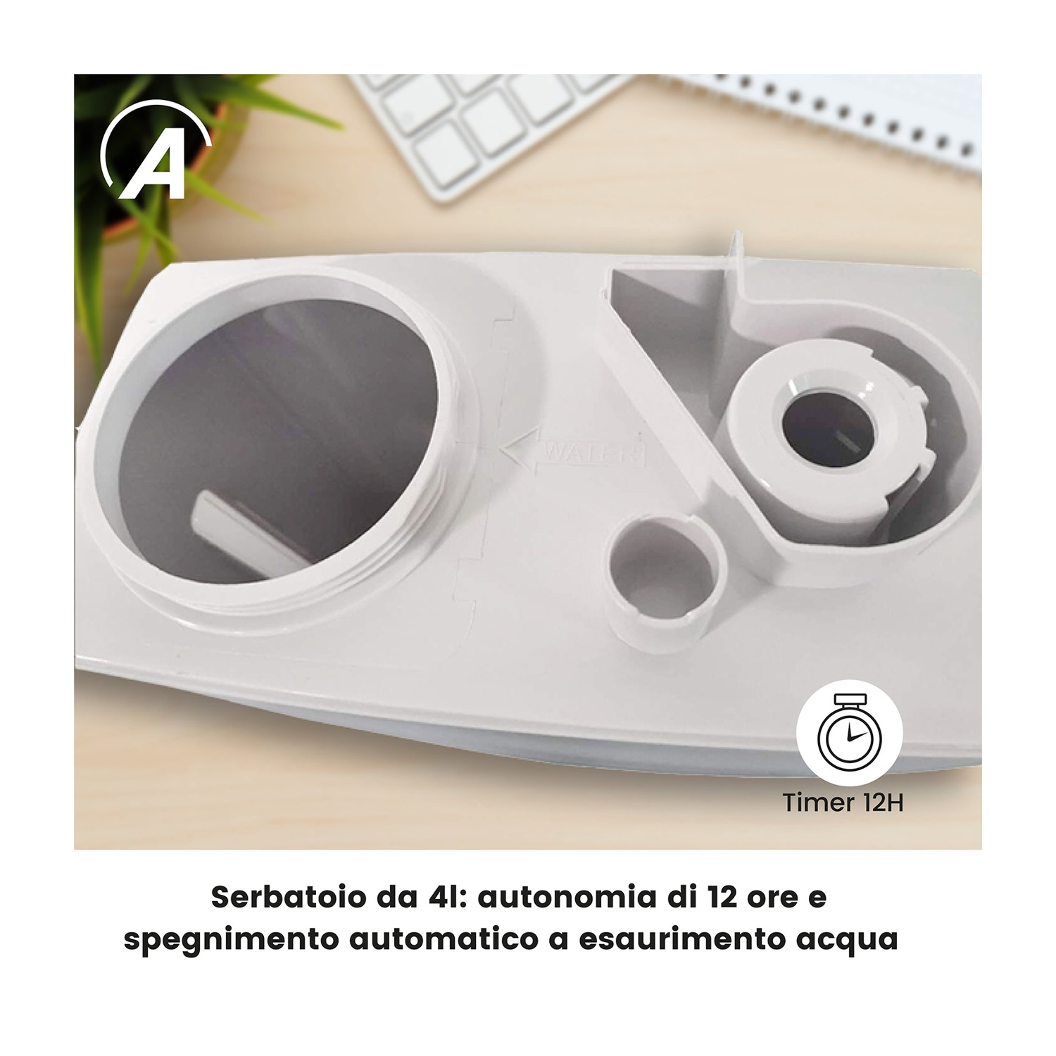 Dispositivo in plastica bianca con aperture circolari. Un'icona timer indica 12 ore. Il testo sottostante indica capacità serbatoio, autonomia e spegnimento automatico.