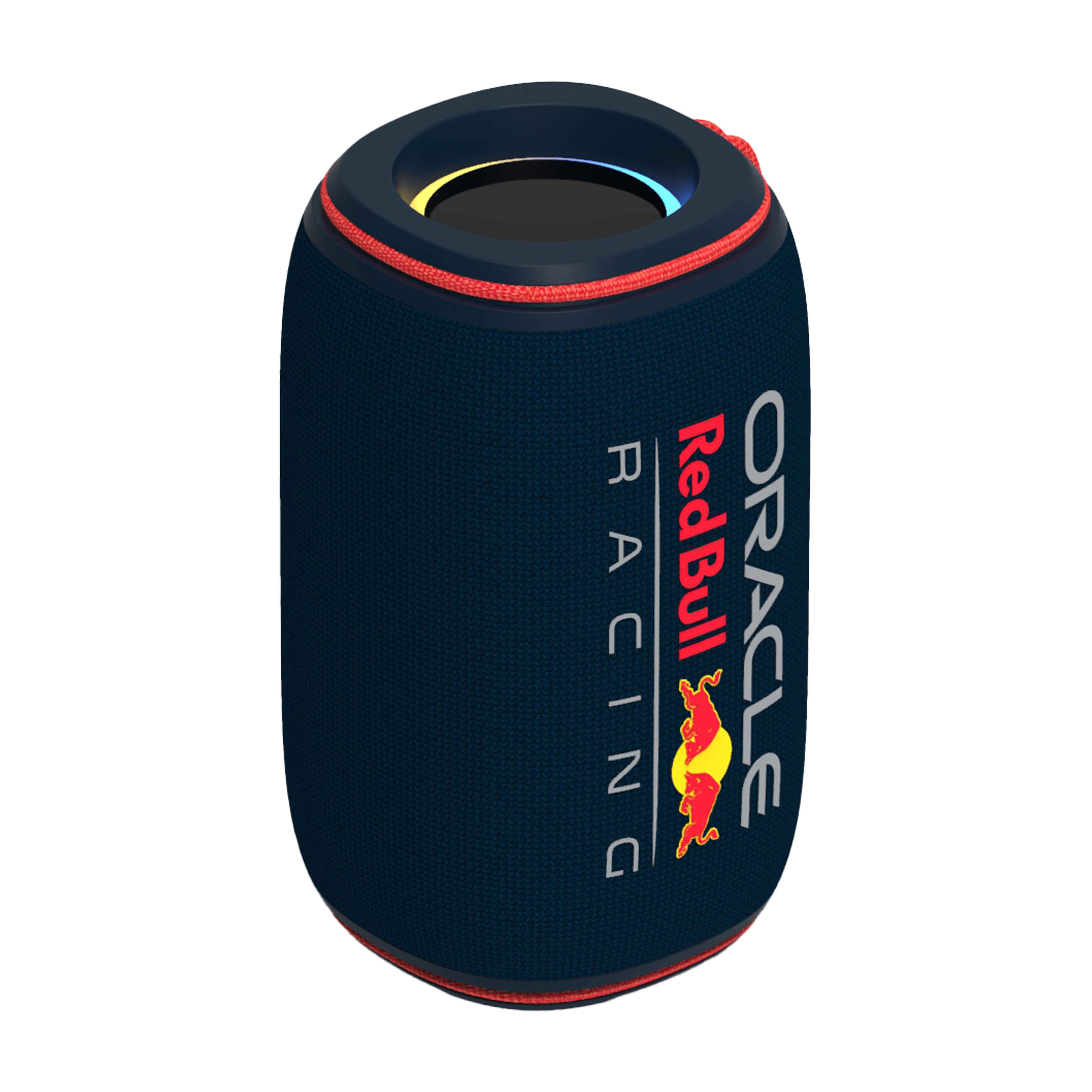 Ein zylindrischer Lautsprecher mit Red Bull Racing-Branding. Er ist dunkelblau mit roten Akzenten. Die Oberseite leuchtet.