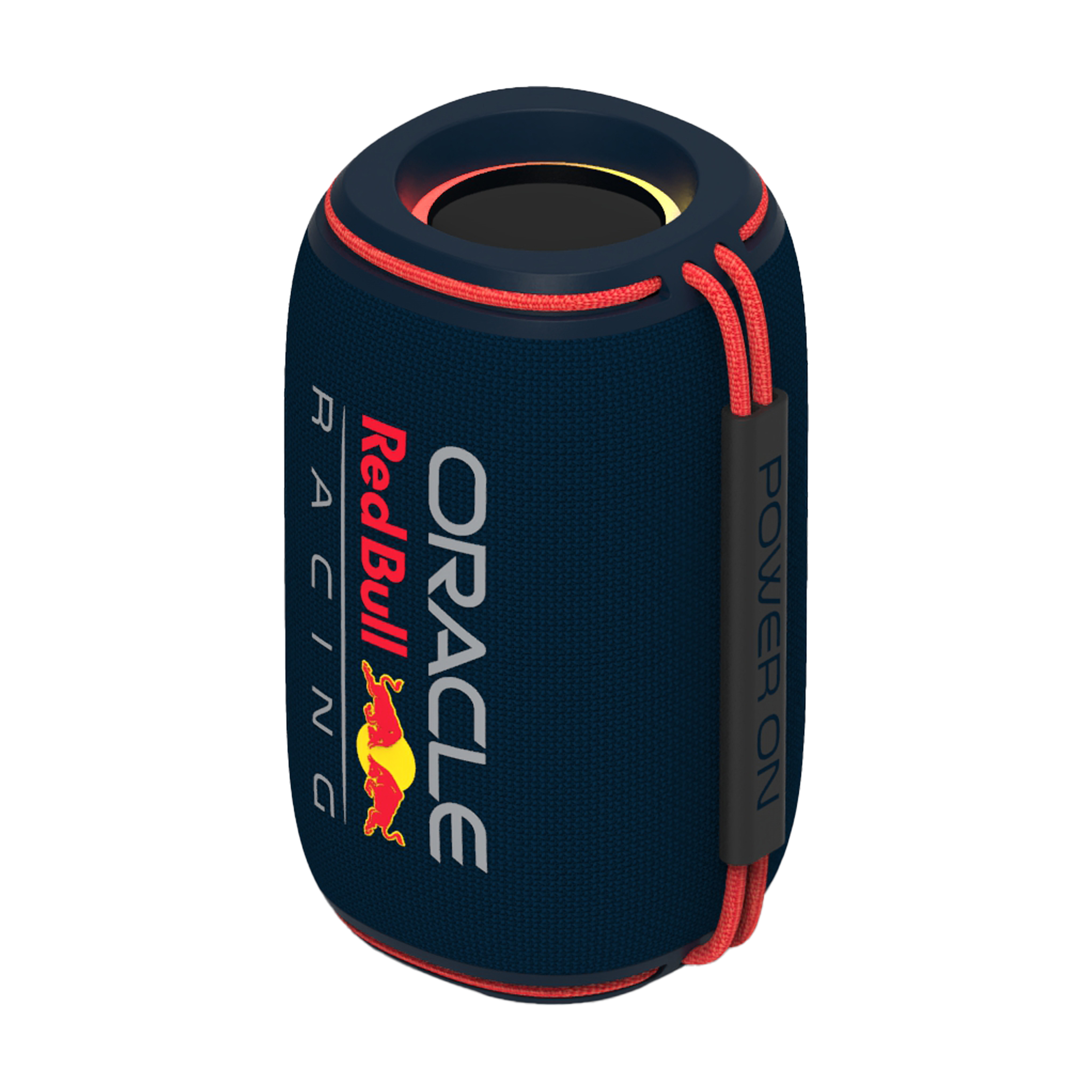 Ein zylindrischer Lautsprecher mit Red Bull Racing-Branding. Er ist dunkelblau mit roten Akzenten und einem 'POWER ON'-Knopf.