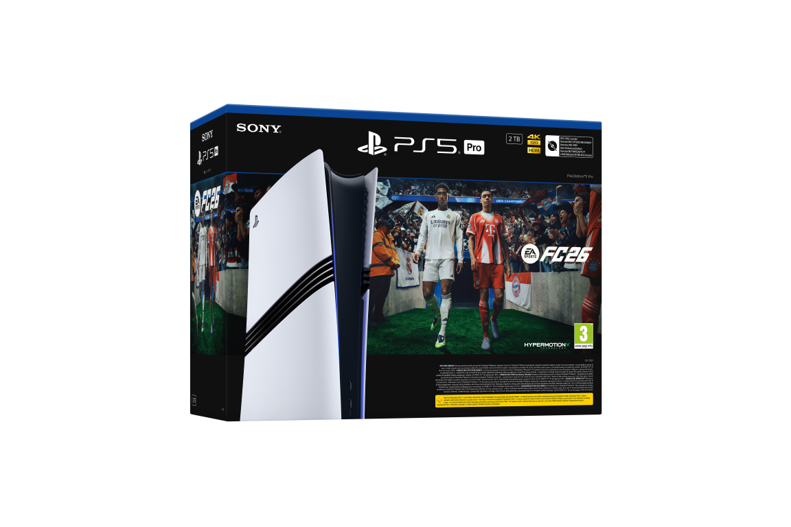 Pudełko PlayStation 5 Pro z konsolą i zdjęciem piłkarzy. Pudełko zawiera również napisy 'FC26' i 'EA SPORTS'.