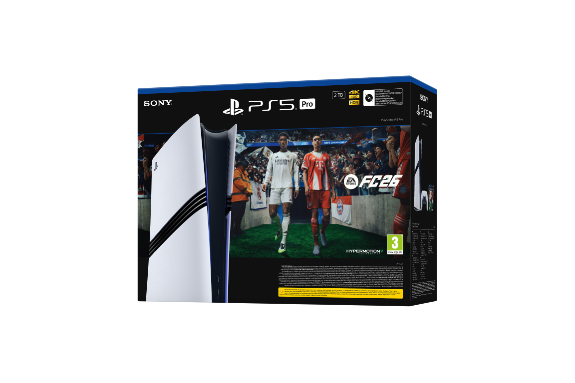 Pudełko PS5 Pro z piłkarzami. Biała konsola po lewej. To zestaw FC26.
