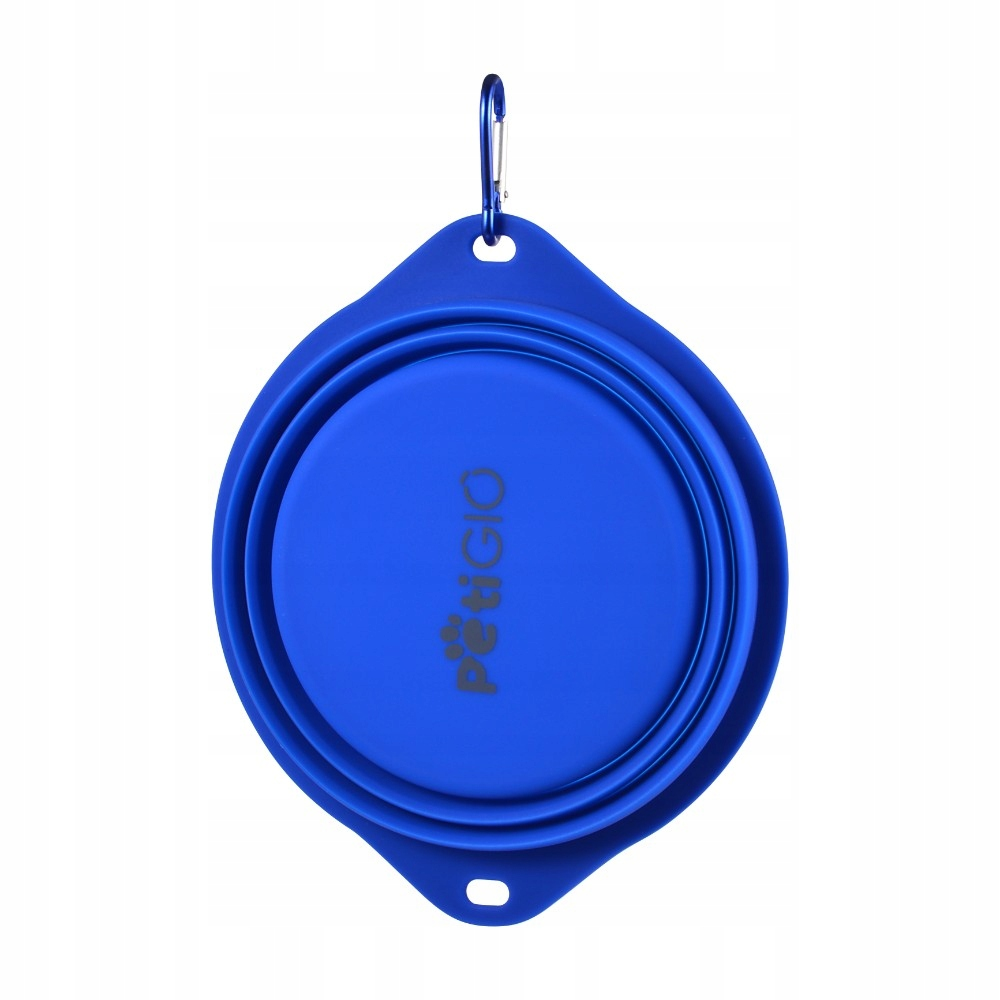 Niebieska, składana miska dla zwierząt z karabińczykiem. Miska jest okrągła z logo 'peticio' pośrodku.