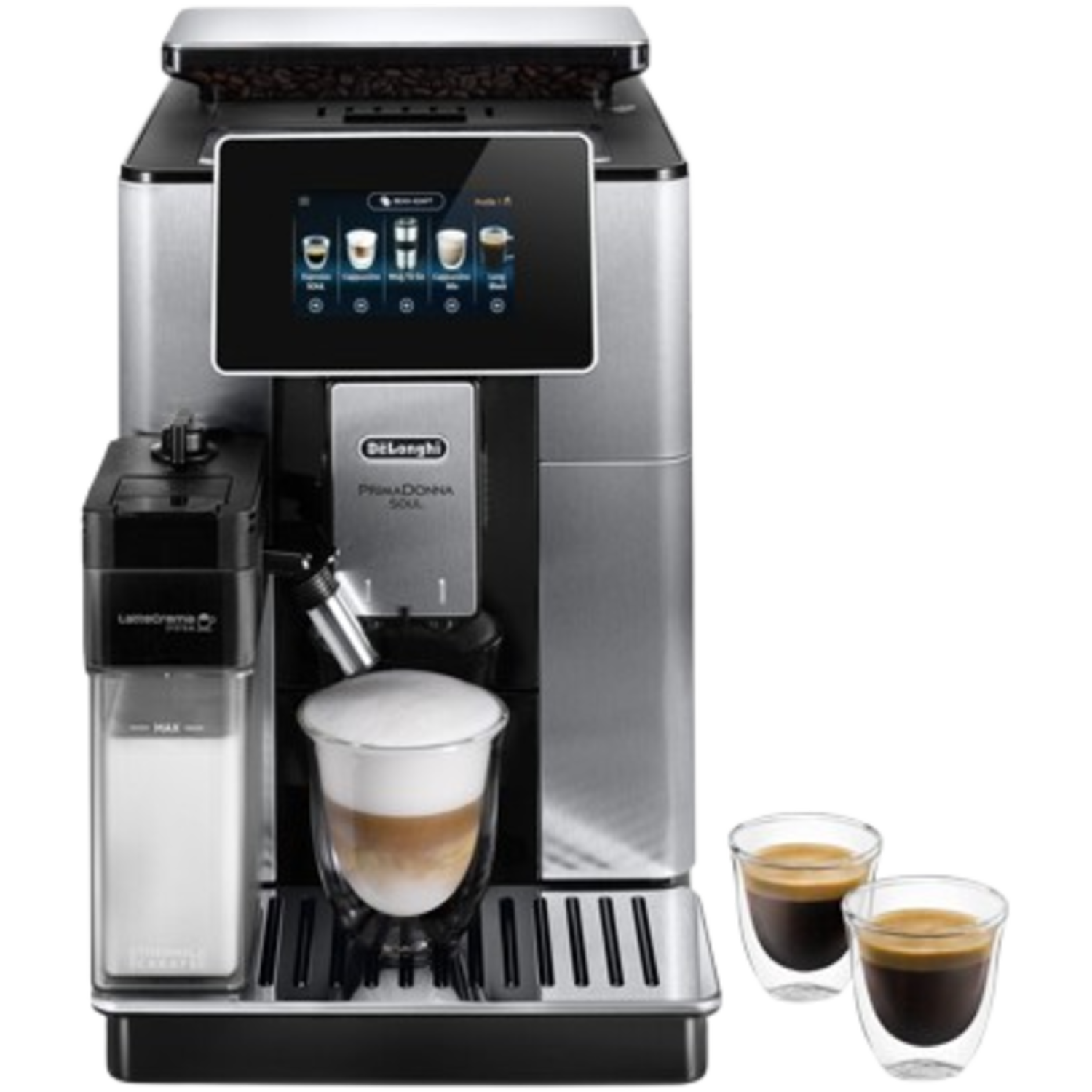 Une machine à café De'Longhi argentée avec écran tactile. Un verre de latte et deux shots d'espresso sur le plateau.