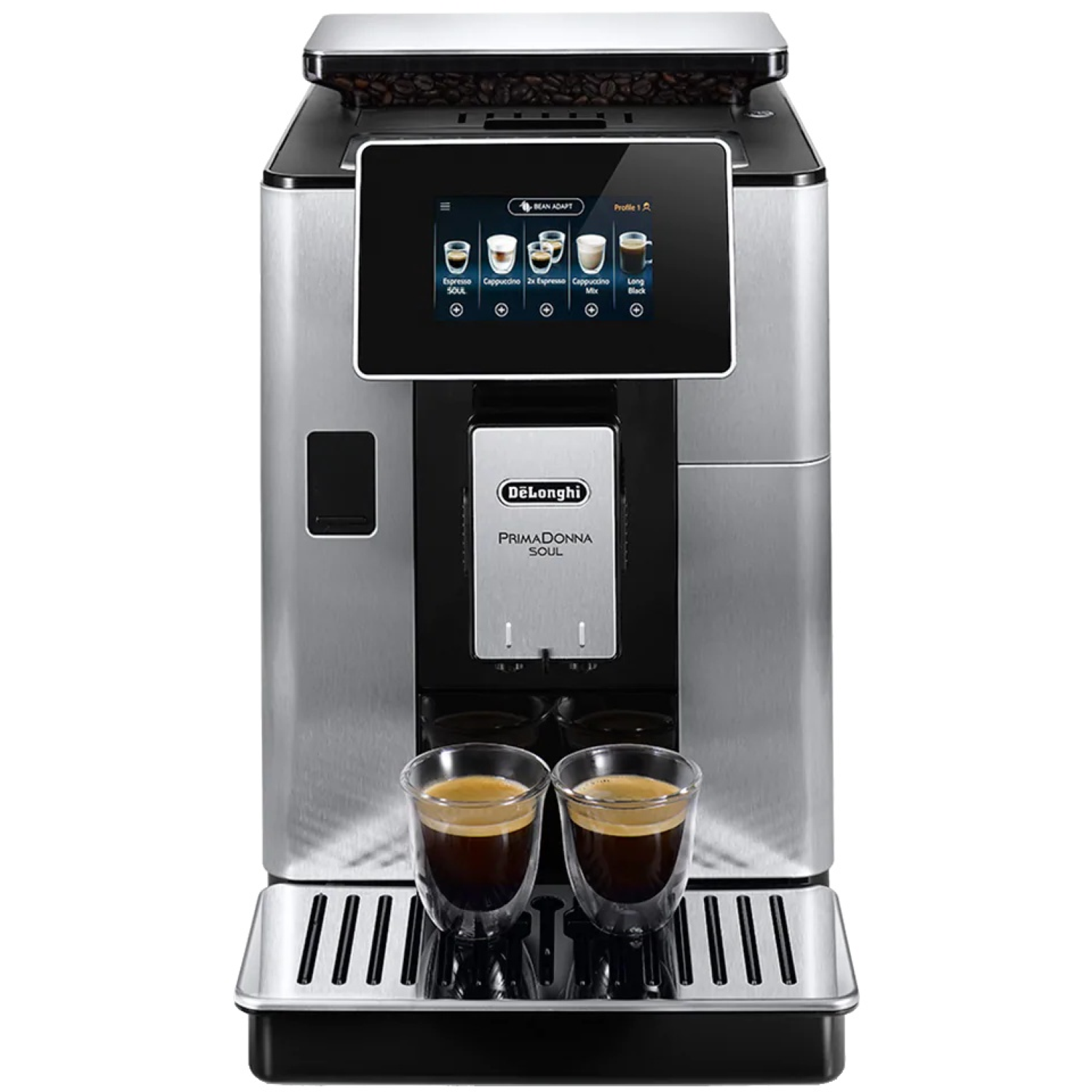 Une machine à café De'Longhi PrimaDonna Soul argent et noir. Deux expressos dans des verres sont sur le plateau sous la machine.