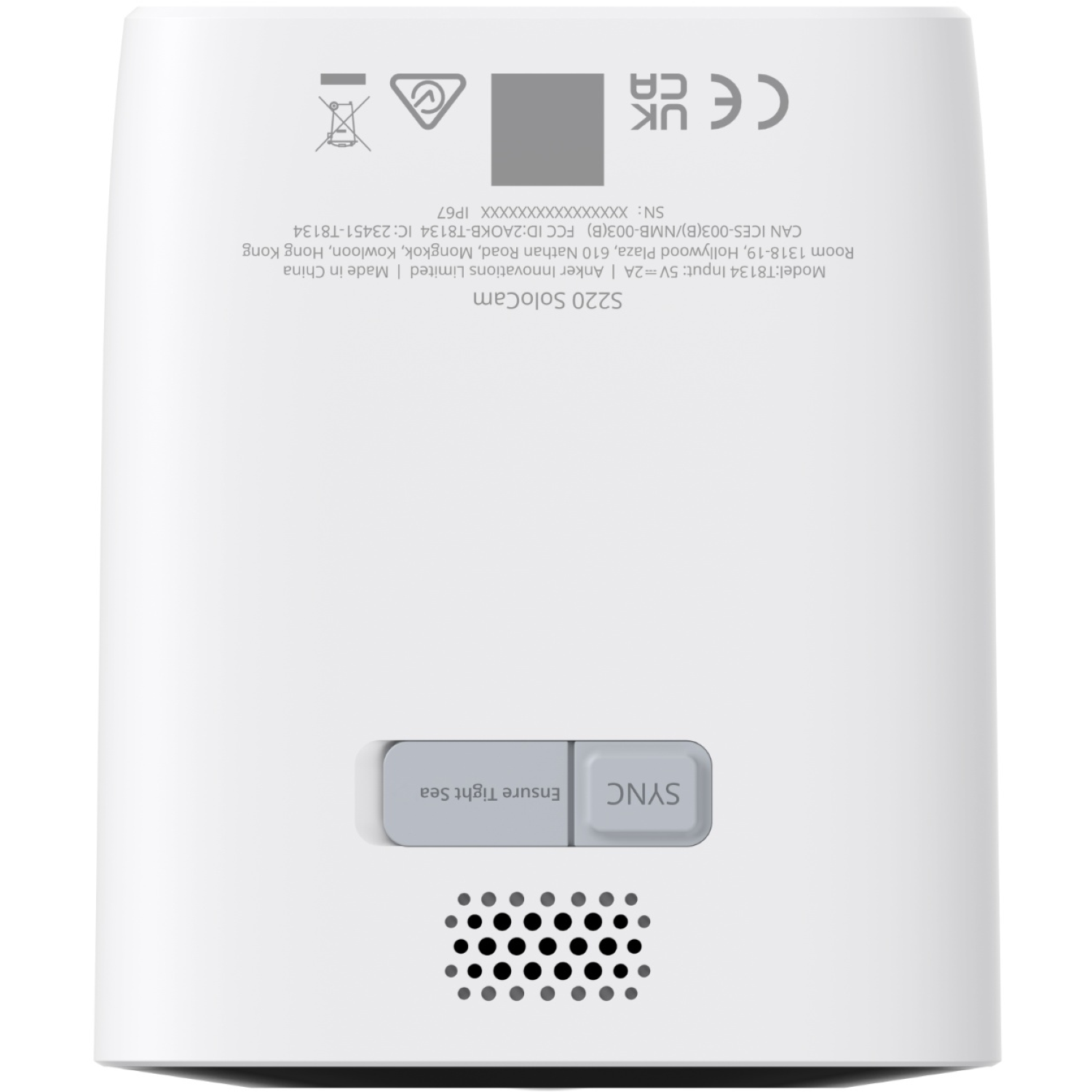 S220 SoloCam blanche avec un bouton 'SYNC' et du texte. Le bas comporte de petits trous. Le texte inclut les détails du modèle, de l'entrée et de l'entreprise.