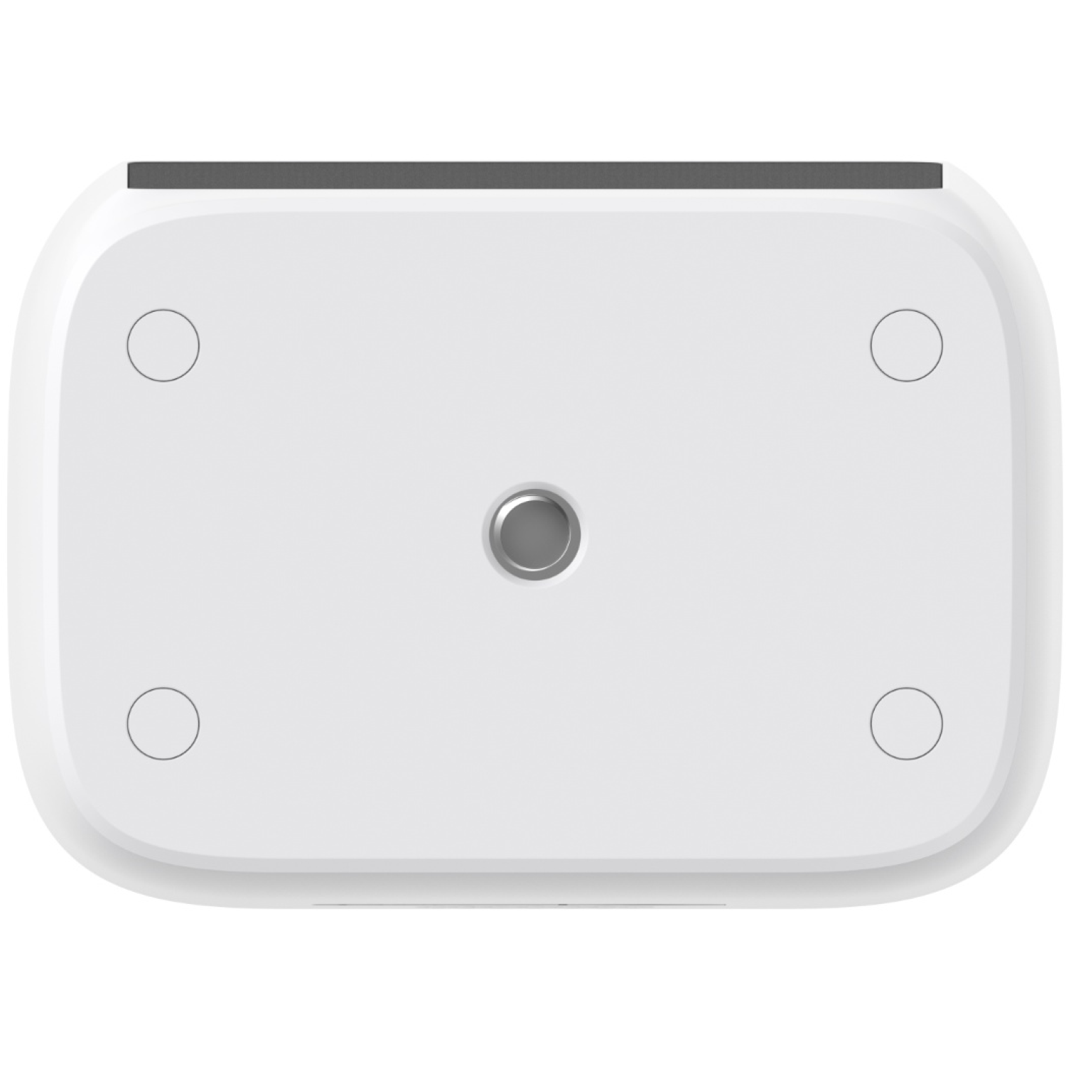 Vue de dessus d'un appareil rectangulaire blanc. Il a un bord supérieur gris, quatre cercles et un bouton central.