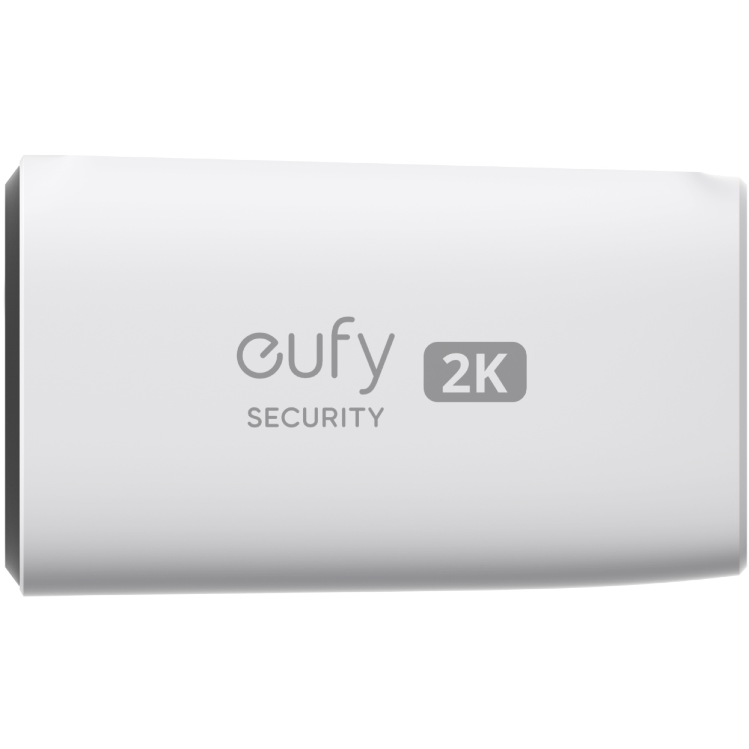 Une caméra de sécurité blanche avec le logo 'eufy' et '2K'. Le mot 'SECURITY' est en dessous du logo. La caméra est sur un fond blanc.