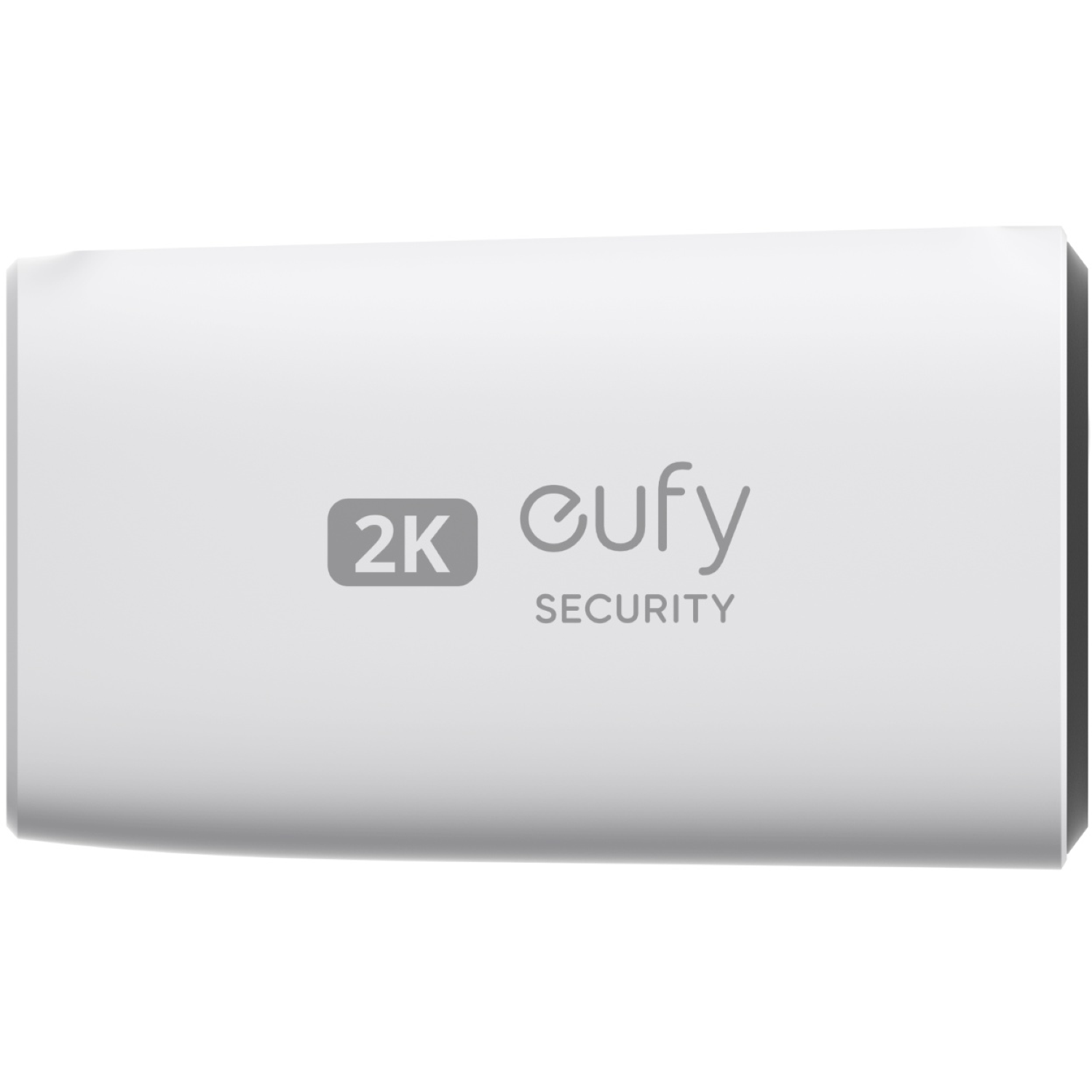 Un dispositif de sécurité rectangulaire blanc avec '2K eufy SECURITY' imprimé. Il a un bord gris foncé sur le côté droit.