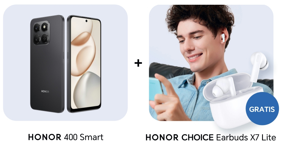 Das Bild zeigt ein Honor 400 Smart-Telefon und Honor Choice Earbuds X7 Lite, mit einem Mann, der Ohrhörer benutzt. Gratis steht auf einem blauen Kreis.