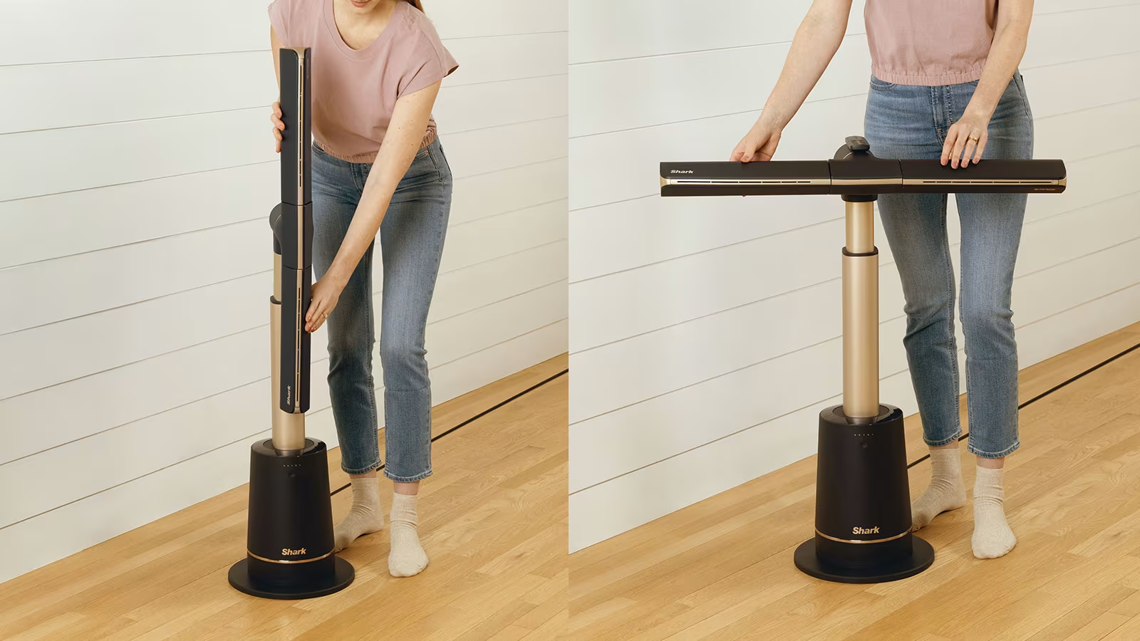 Egy nő fekete-arany ventilátort szerel össze. A ventilátor talpa fa padlón áll. A háttérben egy fehér fal található.
