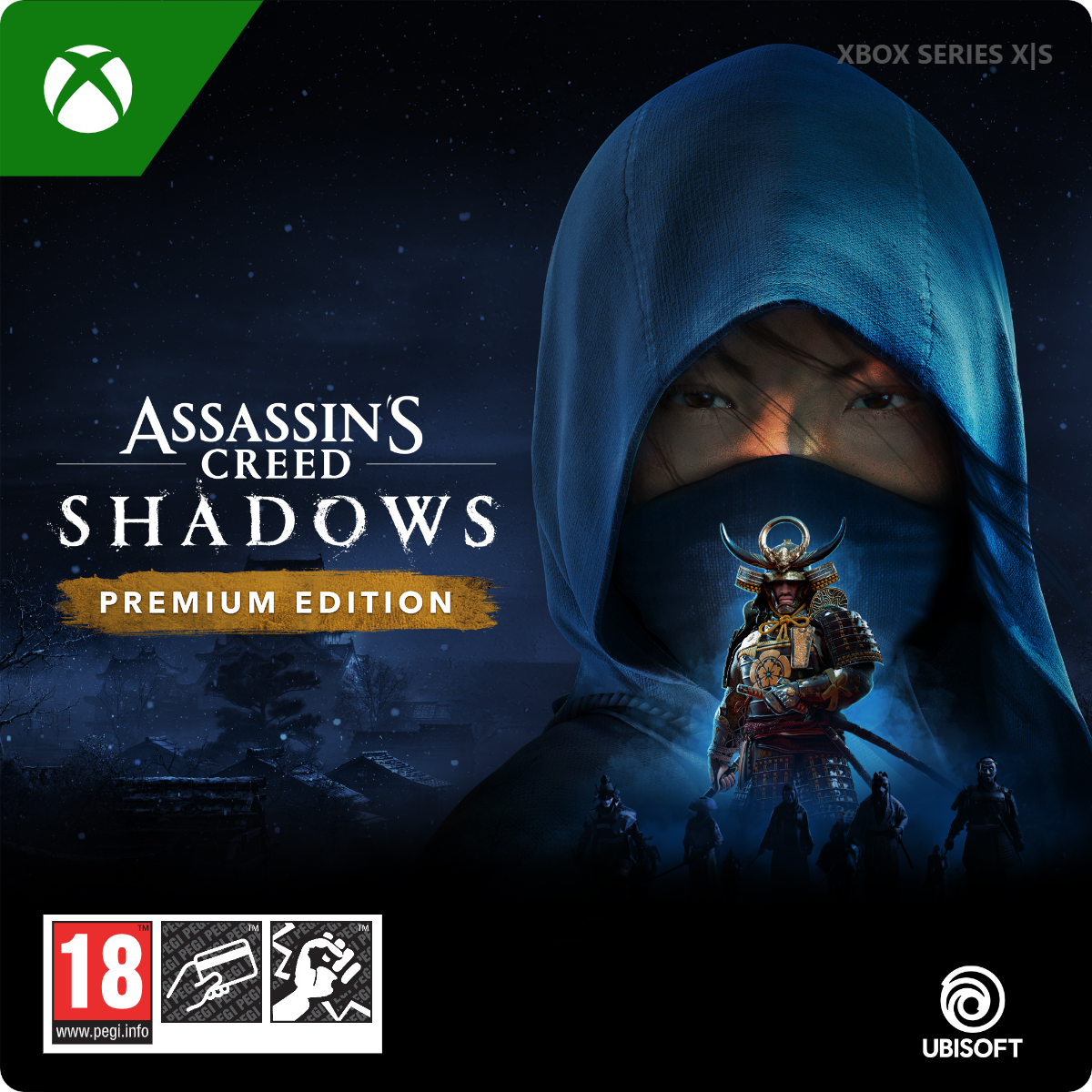 Gamecover van Assassin's Creed Shadows. Toont een samoerai en een figuur met capuchon. Het Xbox Series X|S logo staat bovenaan.