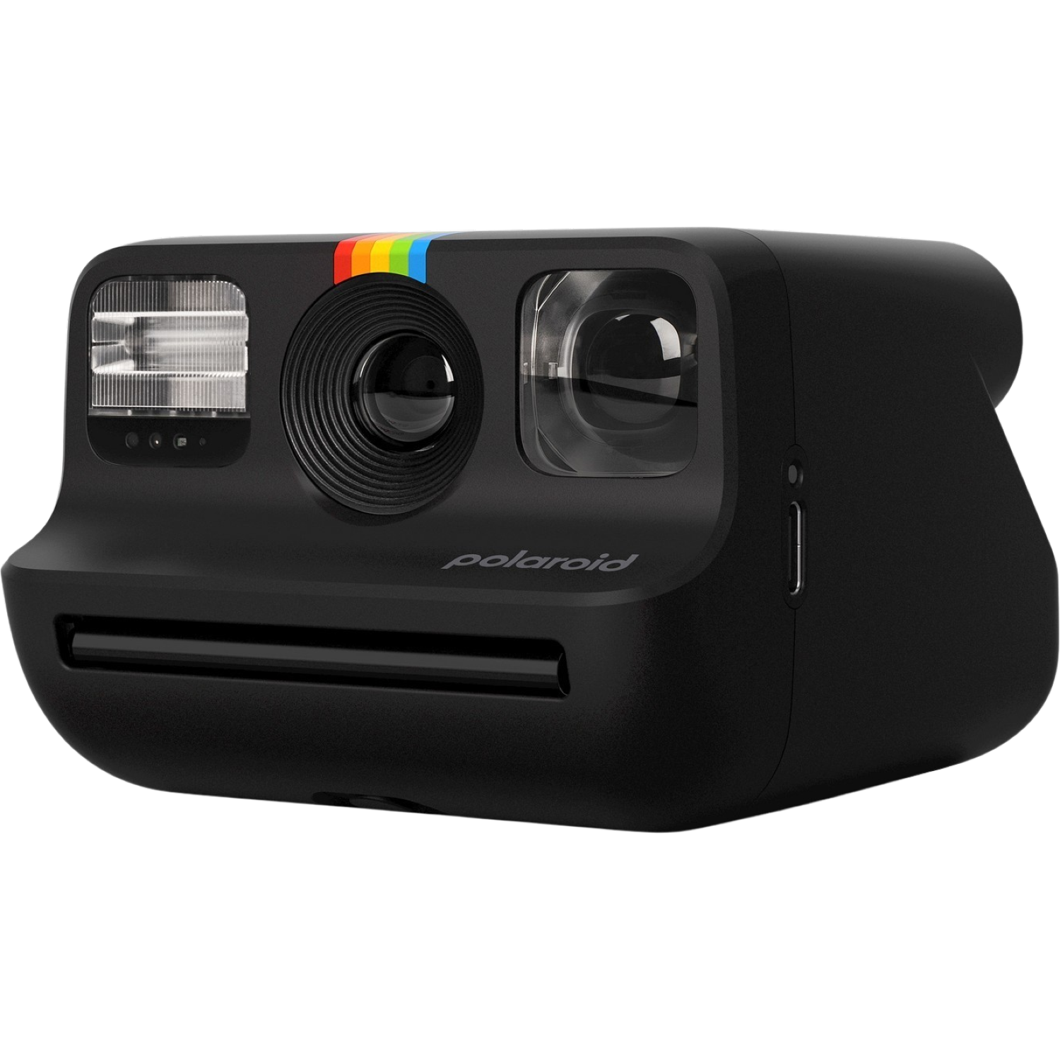 Un appareil photo Polaroid noir avec une bande arc-en-ciel. Il a un objectif, un flash et le mot 'polaroid' à l'avant.