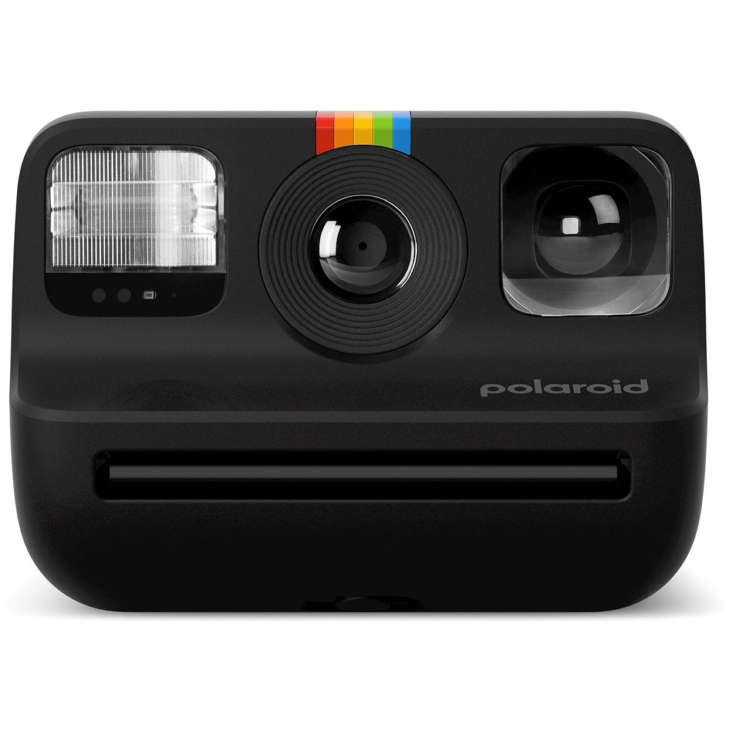 Appareil photo Polaroid noir avec flash, objectif et bande arc-en-ciel. Le mot 'polaroid' est écrit devant.
