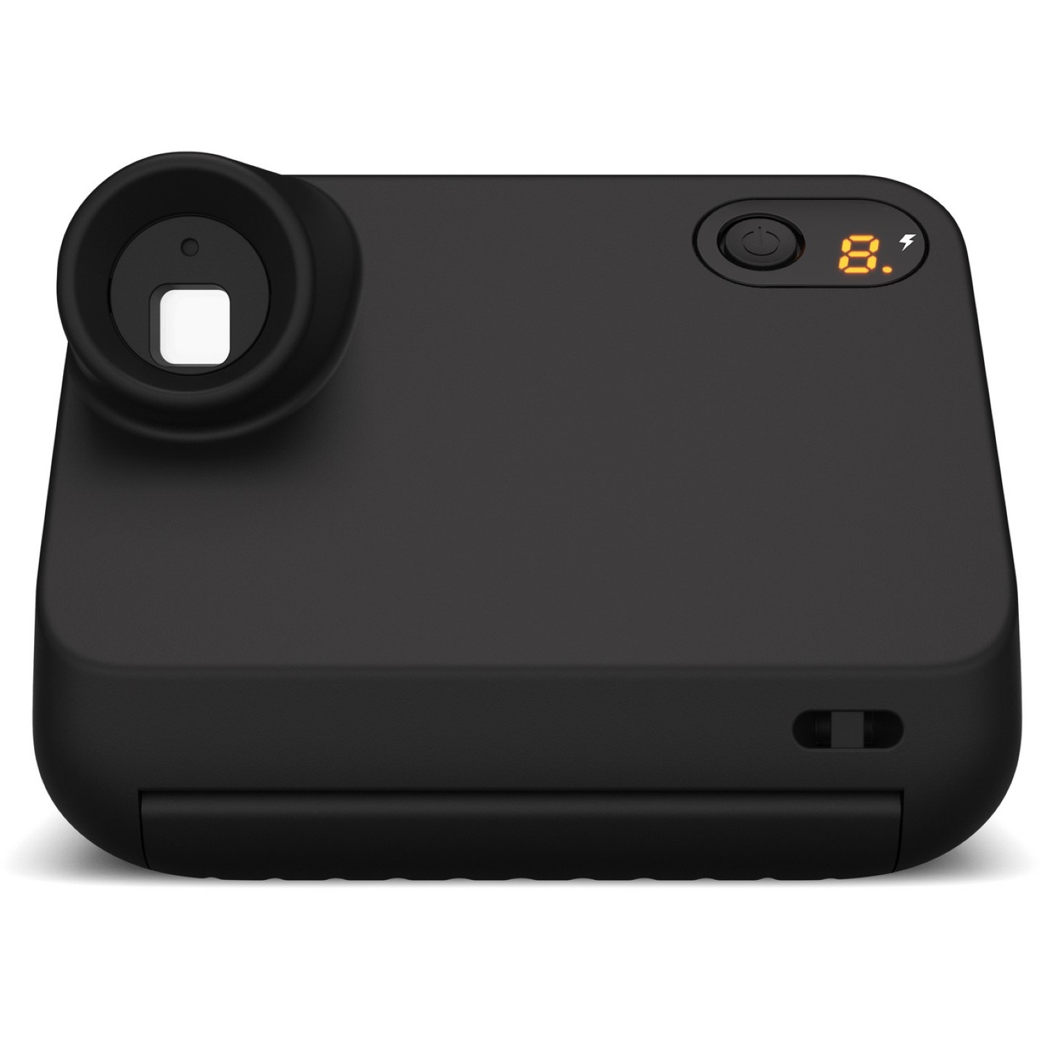 Appareil photo instantané noir. Il a un objectif, un bouton d'alimentation et un écran affichant '8.'.