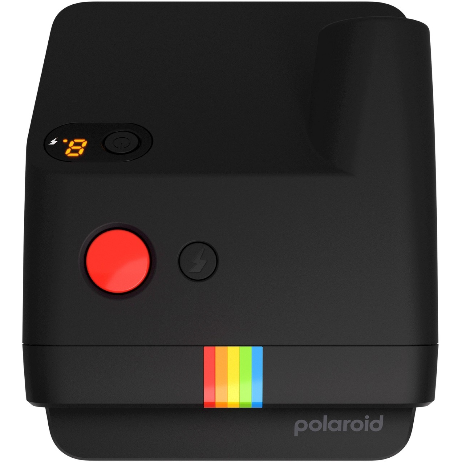 Un appareil photo Polaroid noir avec un bouton rouge, une bande arc-en-ciel et un affichage numérique indiquant '8'. Le mot 'Polaroid' est en bas.
