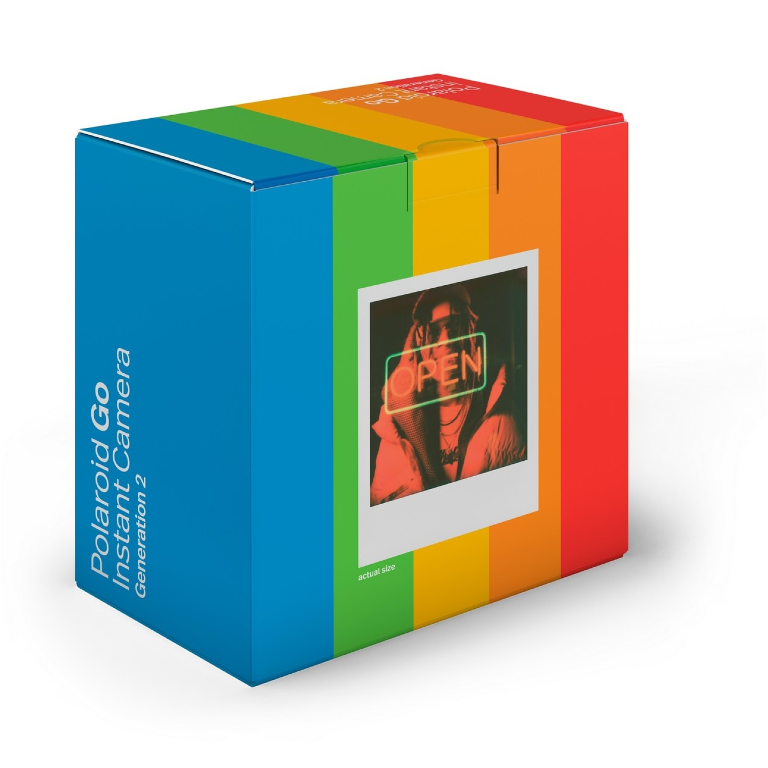 A Polaroid Go Generation 2 box. Blue side with text, rainbow-striped sides. A photo on the front shows a person with 'OPEN' neon sign.