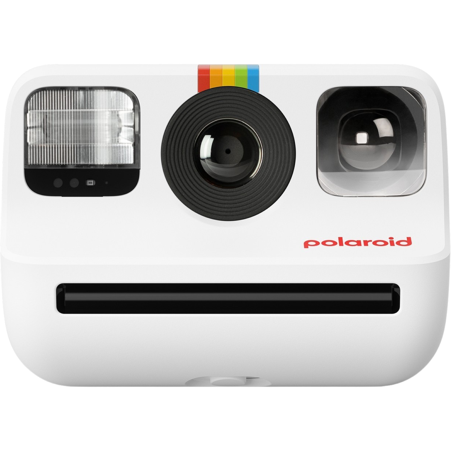 A white Polaroid camera with a black lens, flash, and viewfinder. Rainbow stripe above the lens and red 'polaroid' logo.
