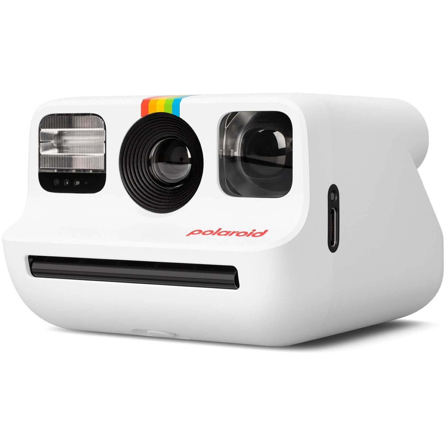 A white Polaroid camera with a rainbow stripe. It has a black lens, flash, and the word 'Polaroid' in red.