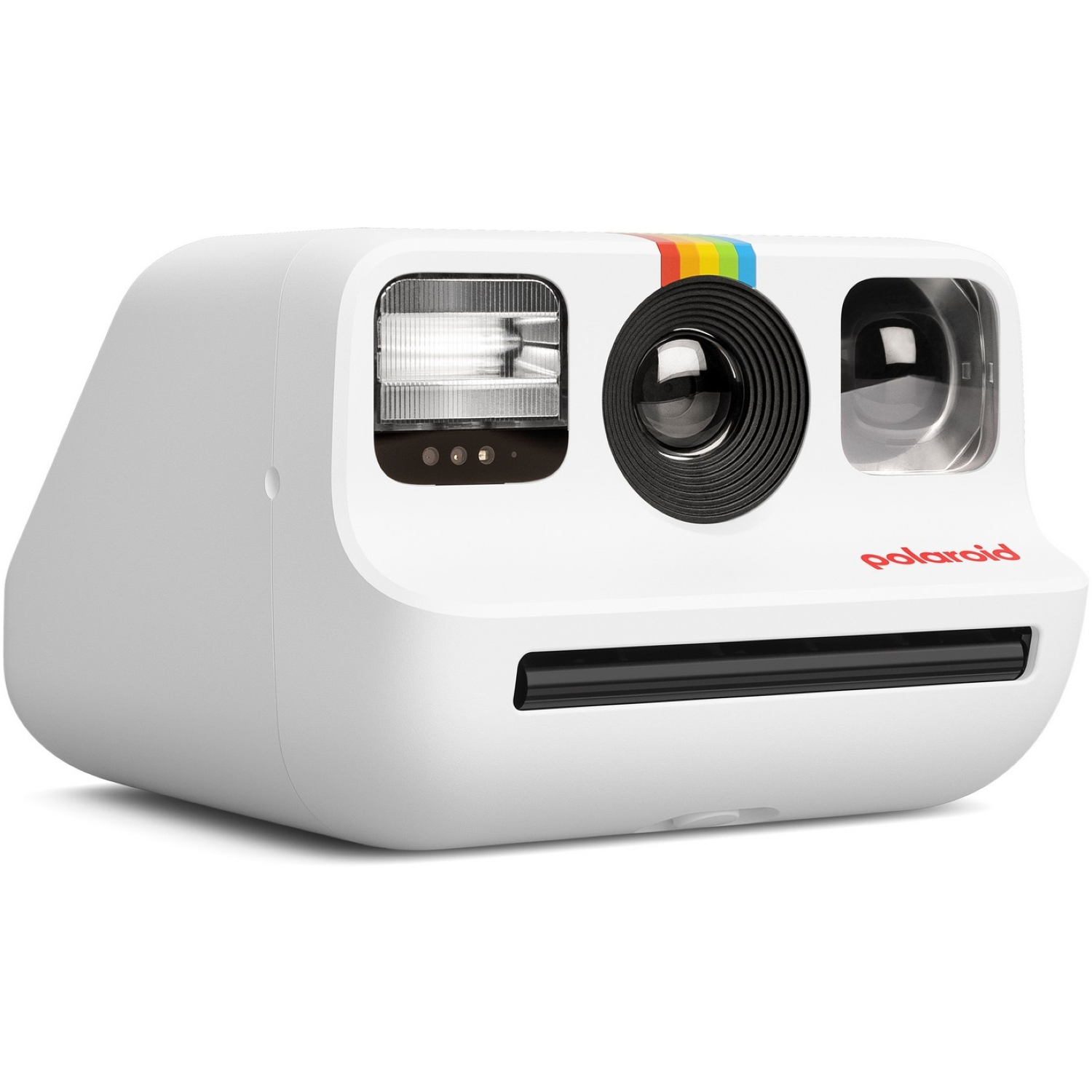 A white Polaroid camera with a rainbow stripe, flash, lens, and the word 'Polaroid' in red. Black slot at the bottom.