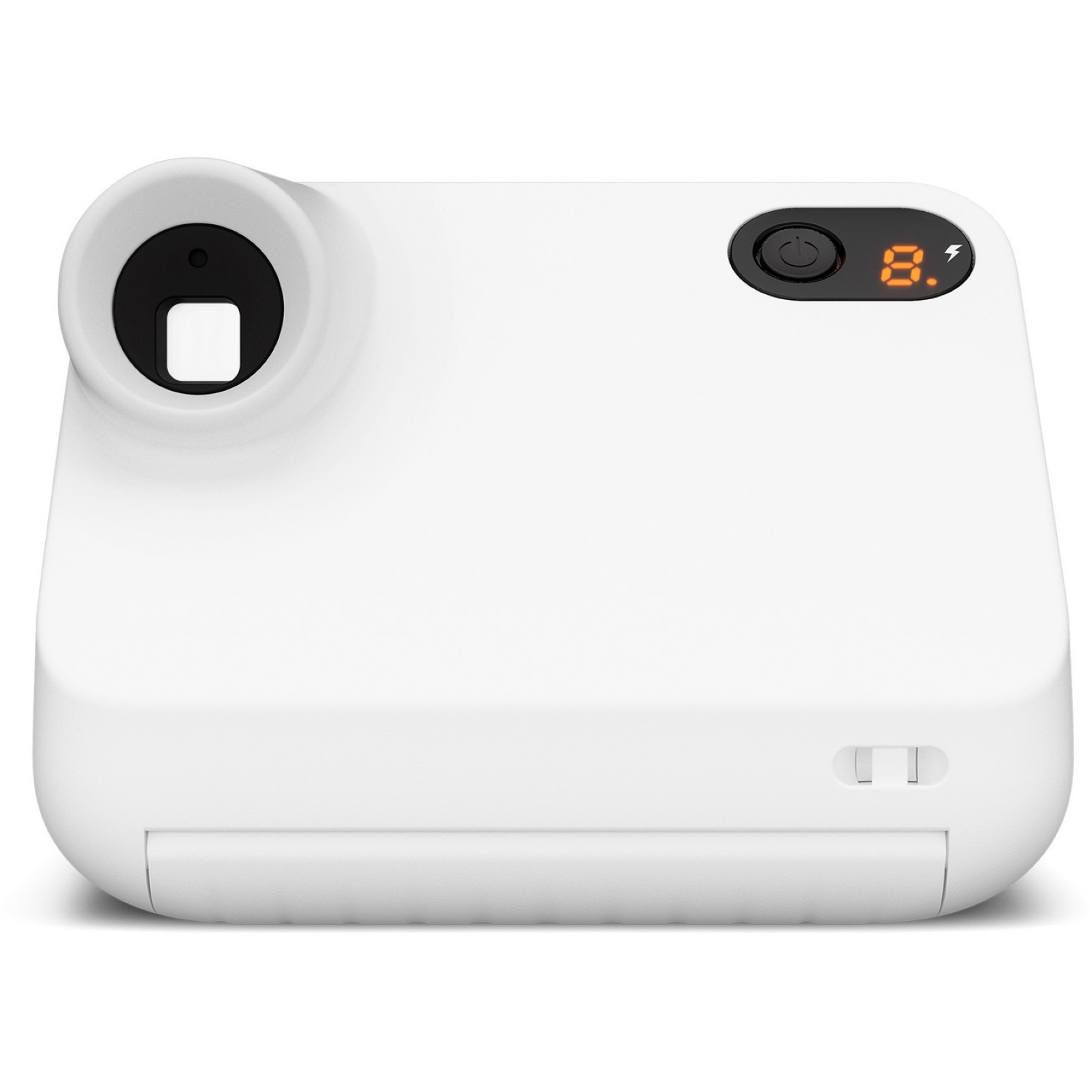 A white instant camera with a black lens. It has a power button and a display showing the number 8. The camera is on a white background.