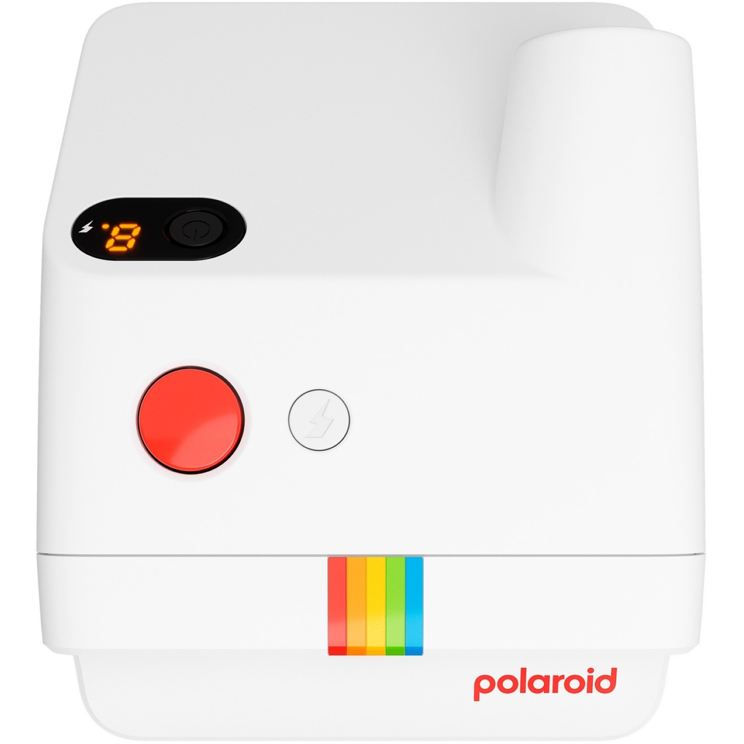 White Polaroid camera with red button, rainbow stripe, and digital display showing '8'. 'Polaroid' in red.