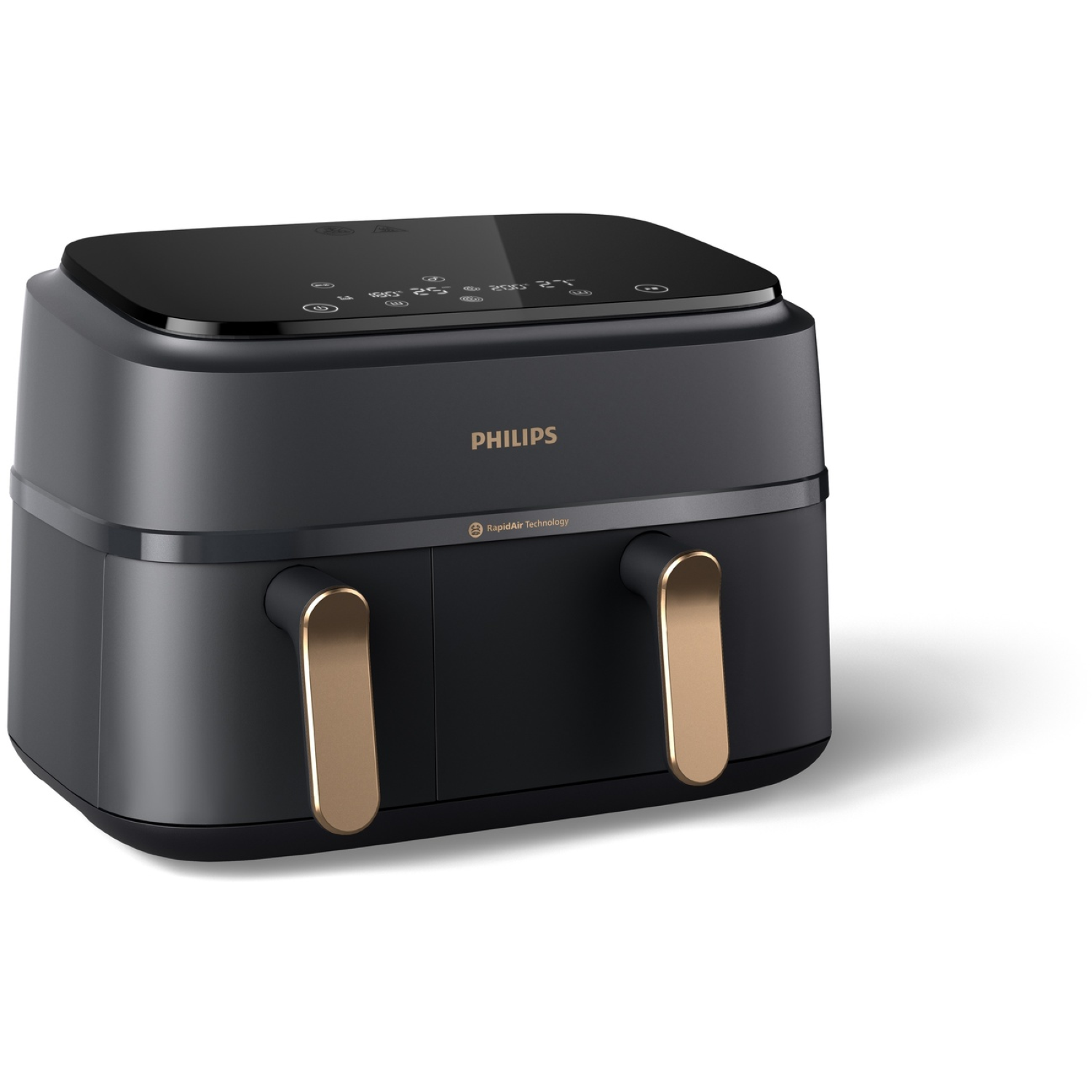 Friteuse à air Philips noire avec poignées dorées. Le dessus a un écran. C'est sur fond blanc.