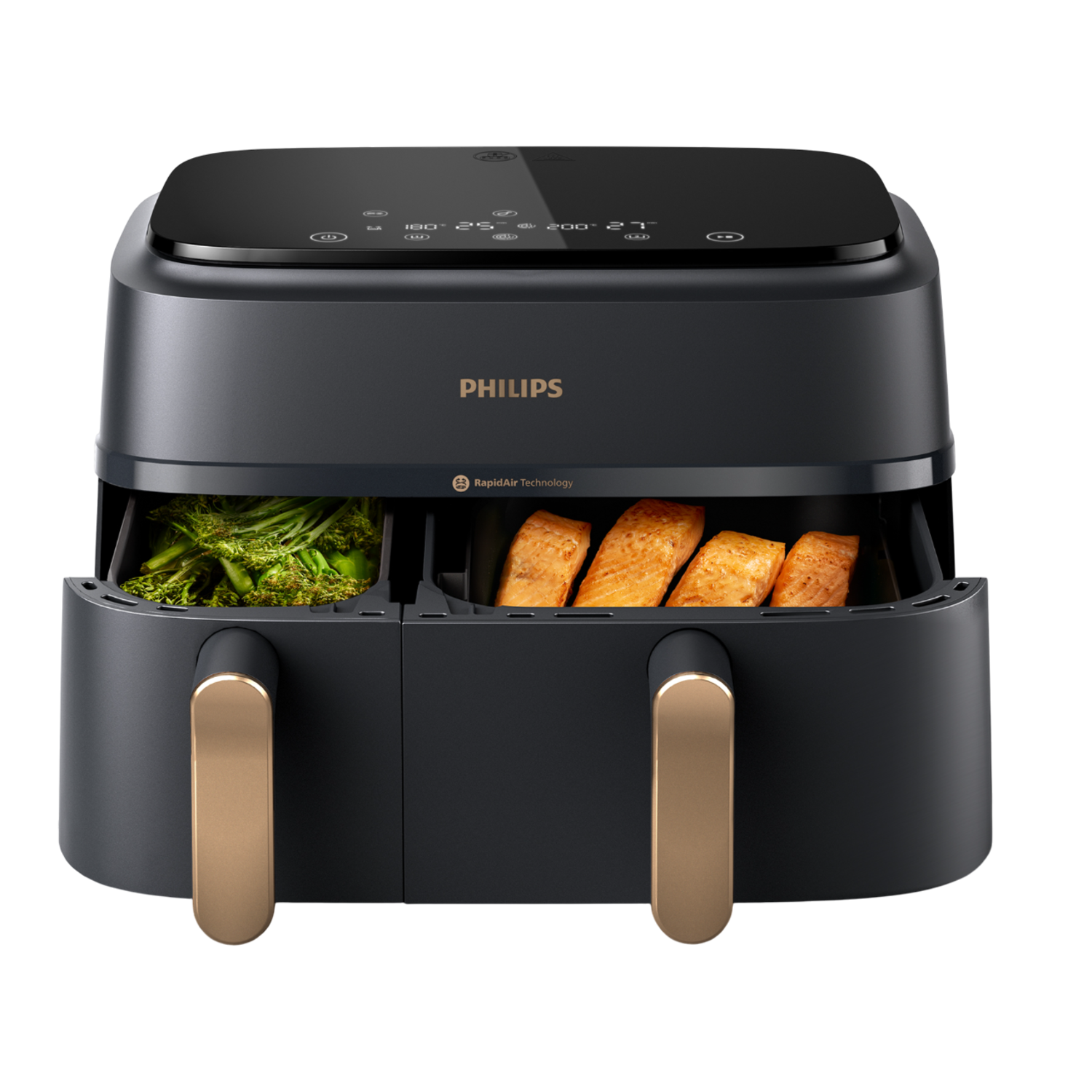 Een Philips airfryer met twee compartimenten. Eén bevat groene groenten, de andere zalmfilets. Het apparaat heeft een zwarte afwerking met gouden handgrepen.