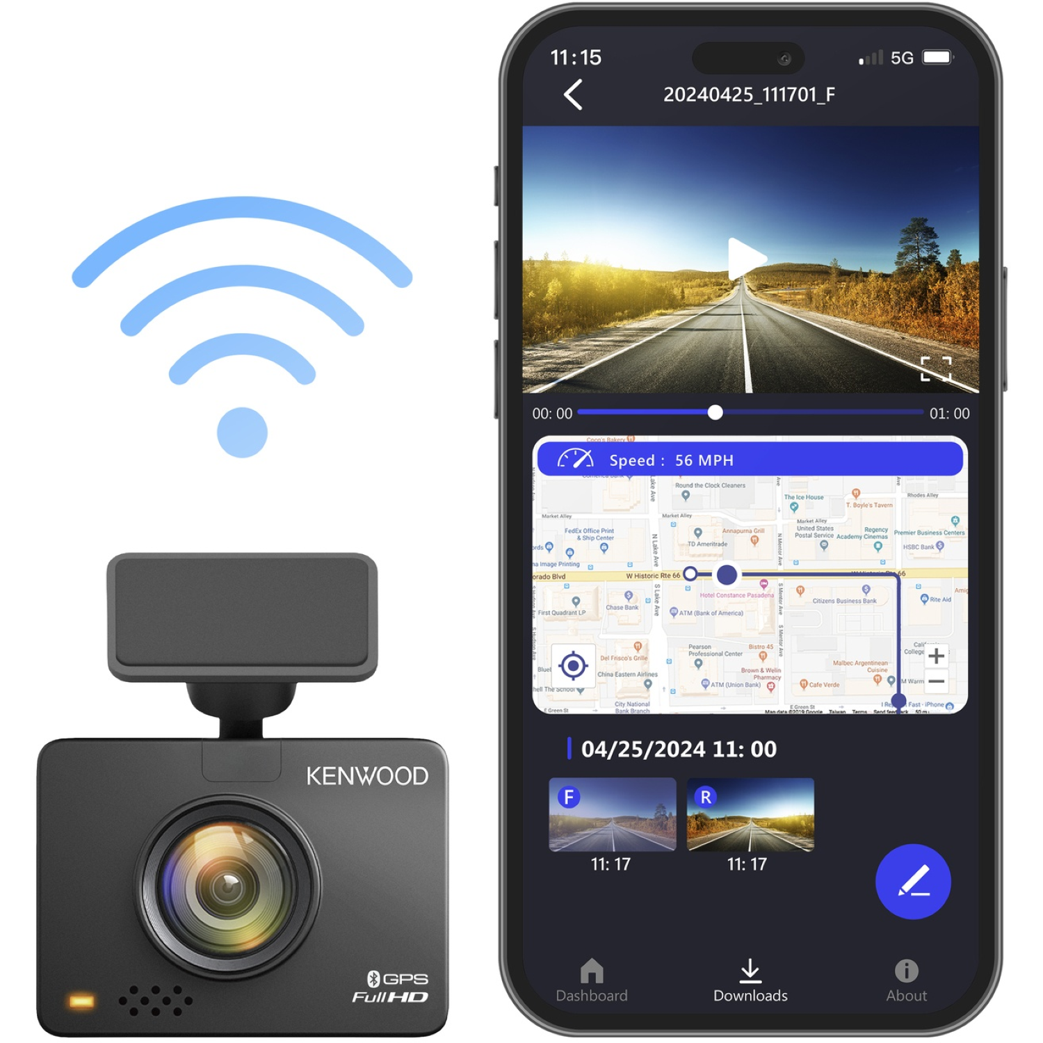 Une caméra de tableau de bord Kenwood, un téléphone affichant une vidéo d'une route et un symbole WiFi. Le téléphone affiche une carte.