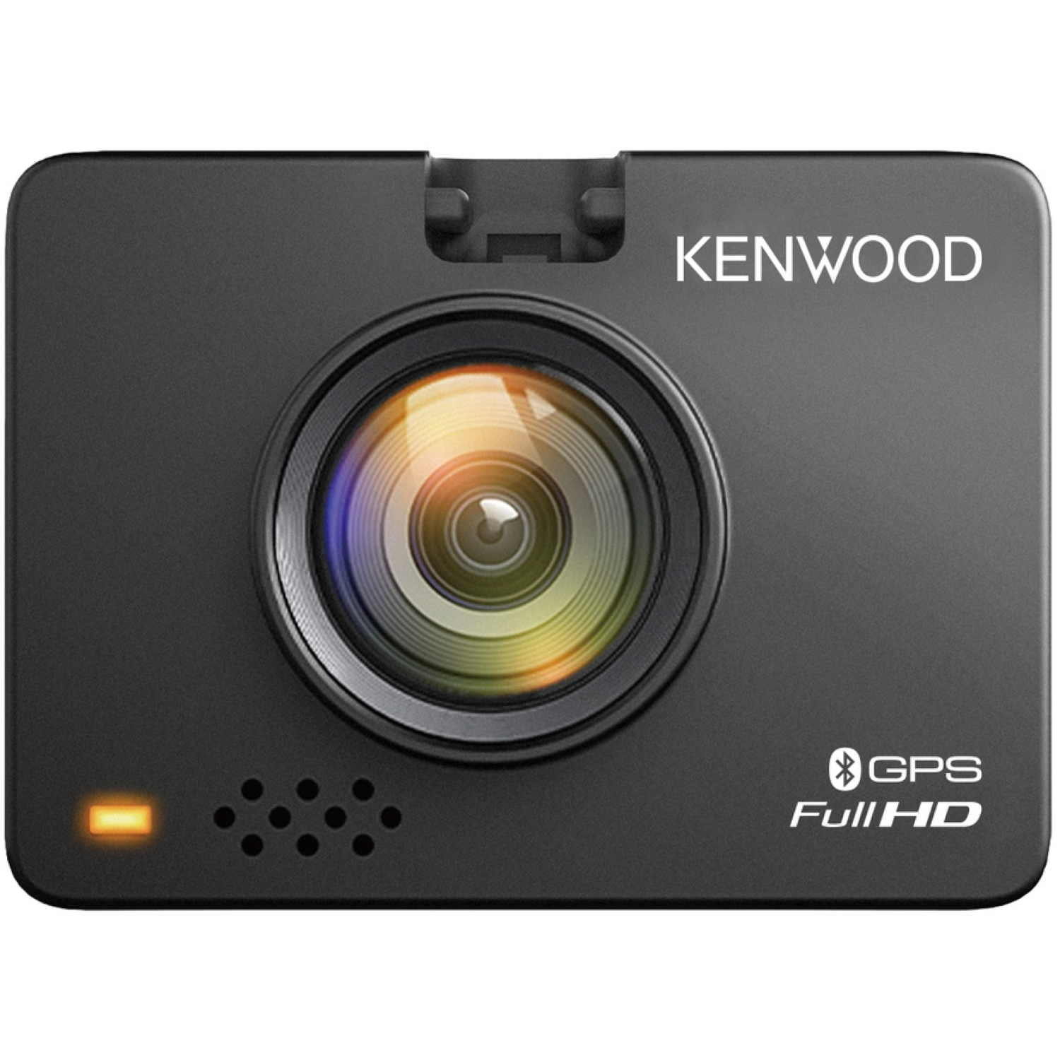 Une caméra de bord Kenwood noire. Elle a un objectif, le nom de la marque et des étiquettes GPS et Full HD. Une lumière orange est allumée.