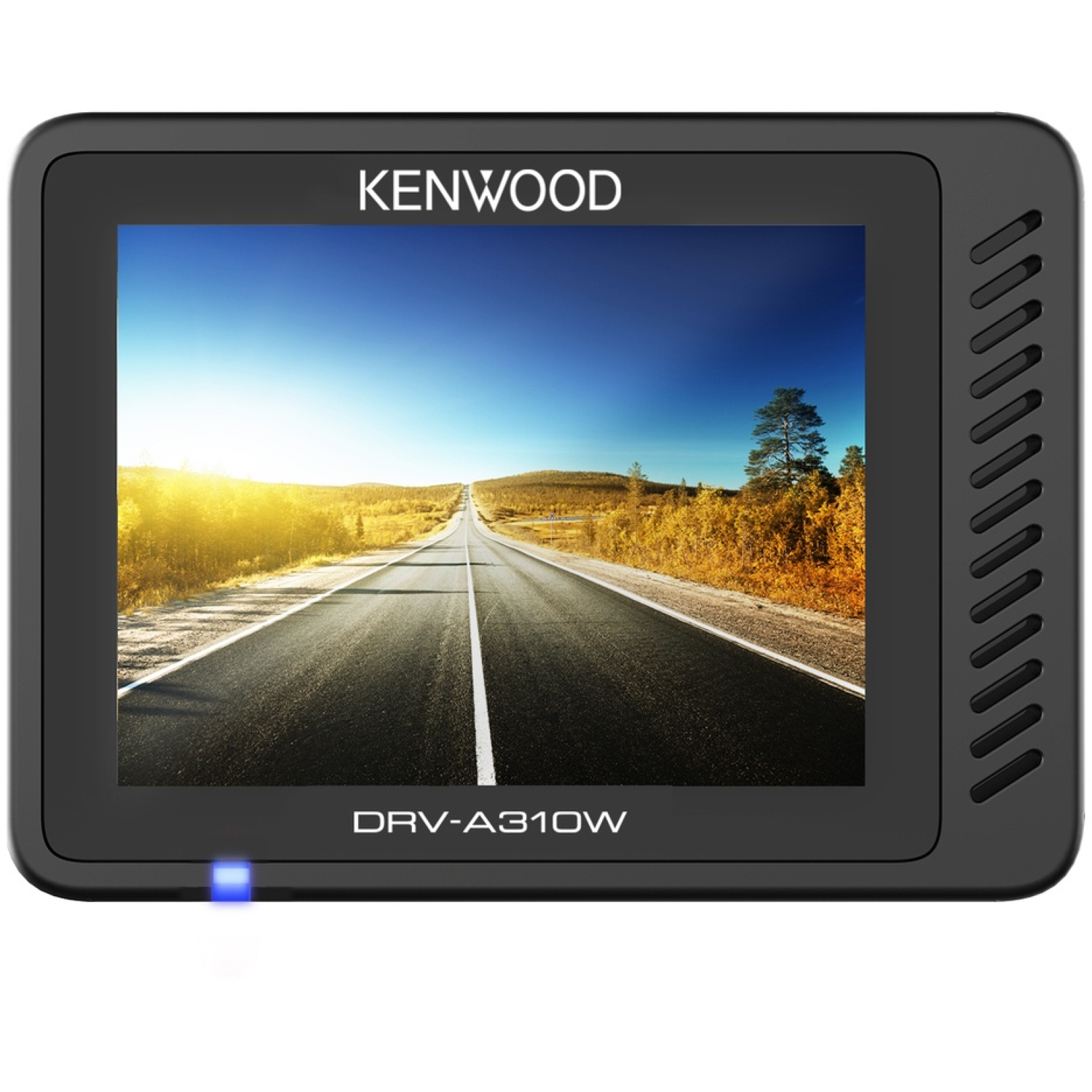 Caméra embarquée Kenwood noire affichant une scène de route. La route mène à l'horizon sous un ciel bleu. Modèle DRV-A310W.